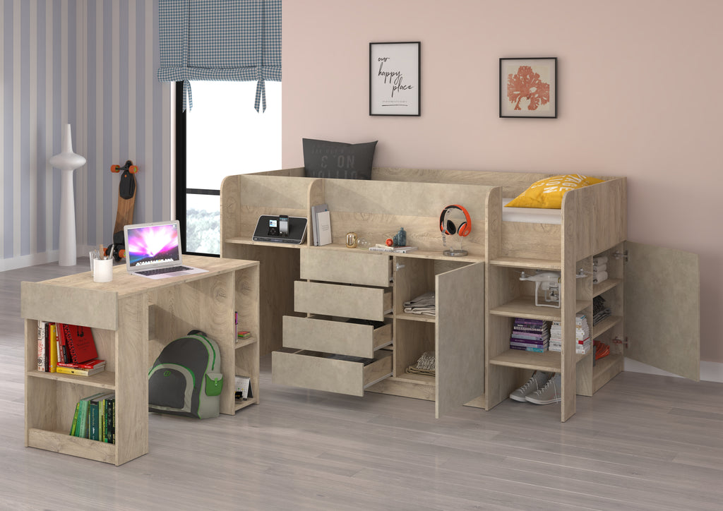 Etagenbett SMI-P mit Treppe rechts, Ausziehbarer Schreibtisch und kleiner Schrank