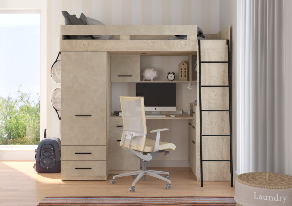 Etagenbett SMY-P mit Leiter rechts, Kleiderschrank, Schreibtisch und viele Regale