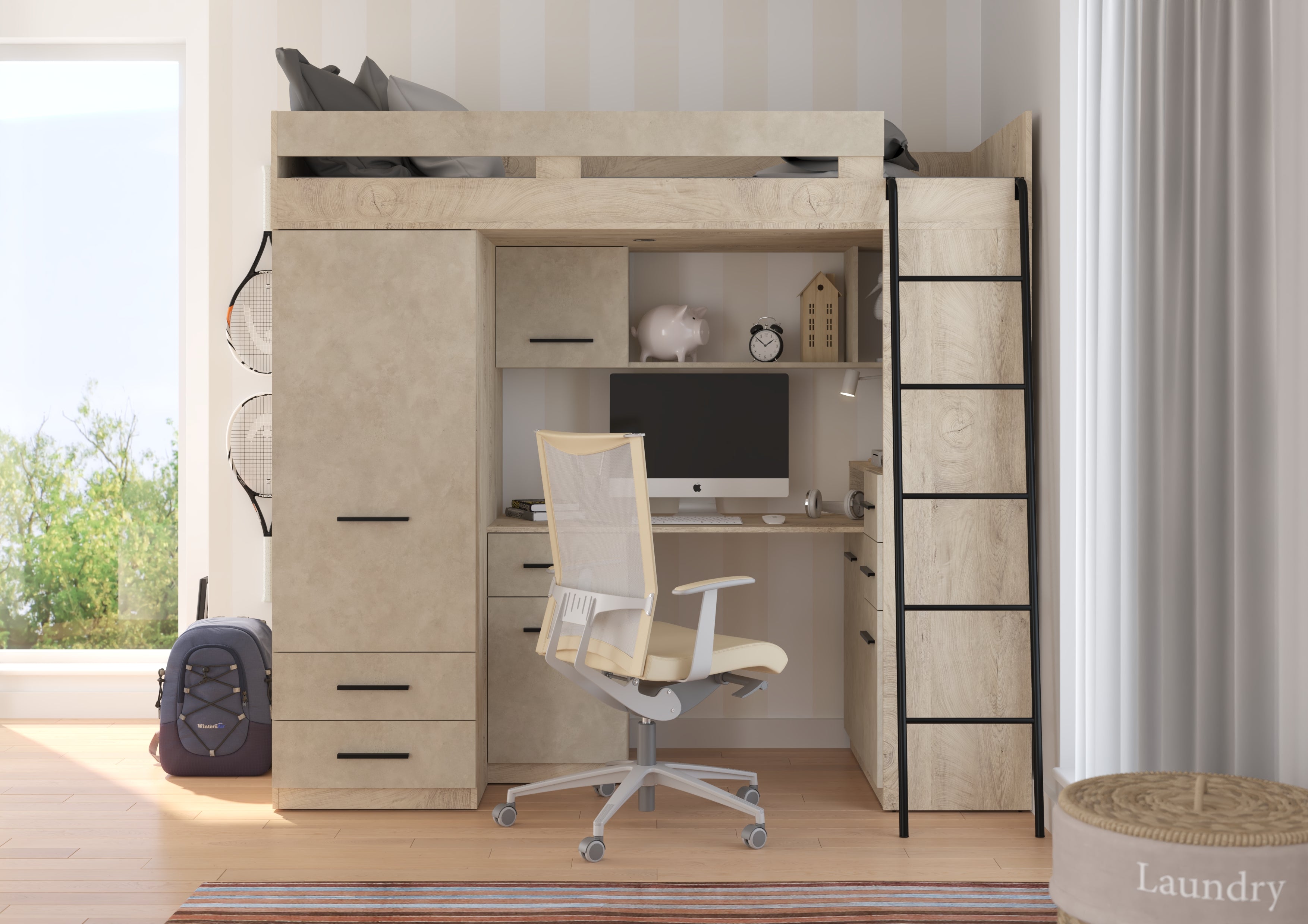 Etagenbett SMY-P mit Leiter rechts, Kleiderschrank, Schreibtisch und viele Regale