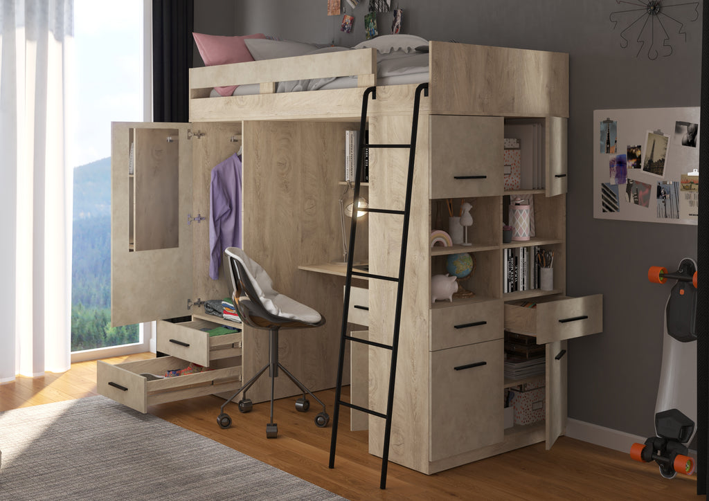 Etagenbett LEV-P mit Leiter rechts, Kleiderschrank, Schreibtisch und viele Regale