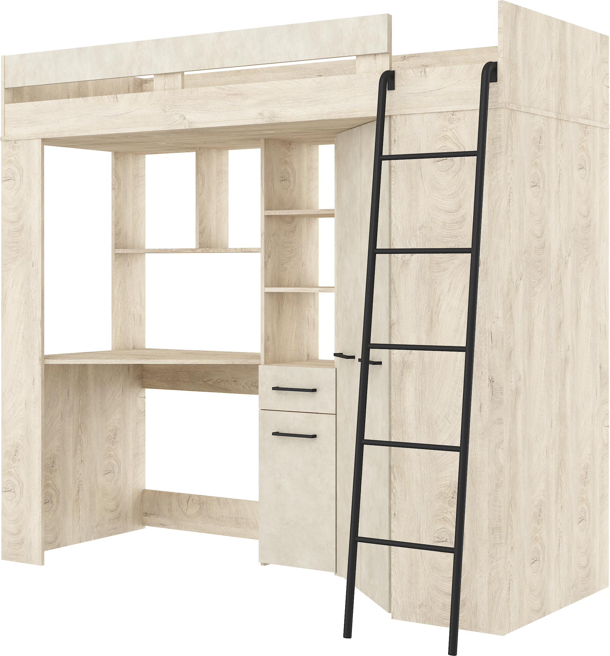 Etagenbett FLO-P mit Leiter Rechts, Eckkleiderschrank und Schreibtisch