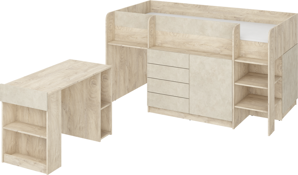Etagenbett SMI-P mit Treppe rechts, Ausziehbarer Schreibtisch und kleiner Schrank