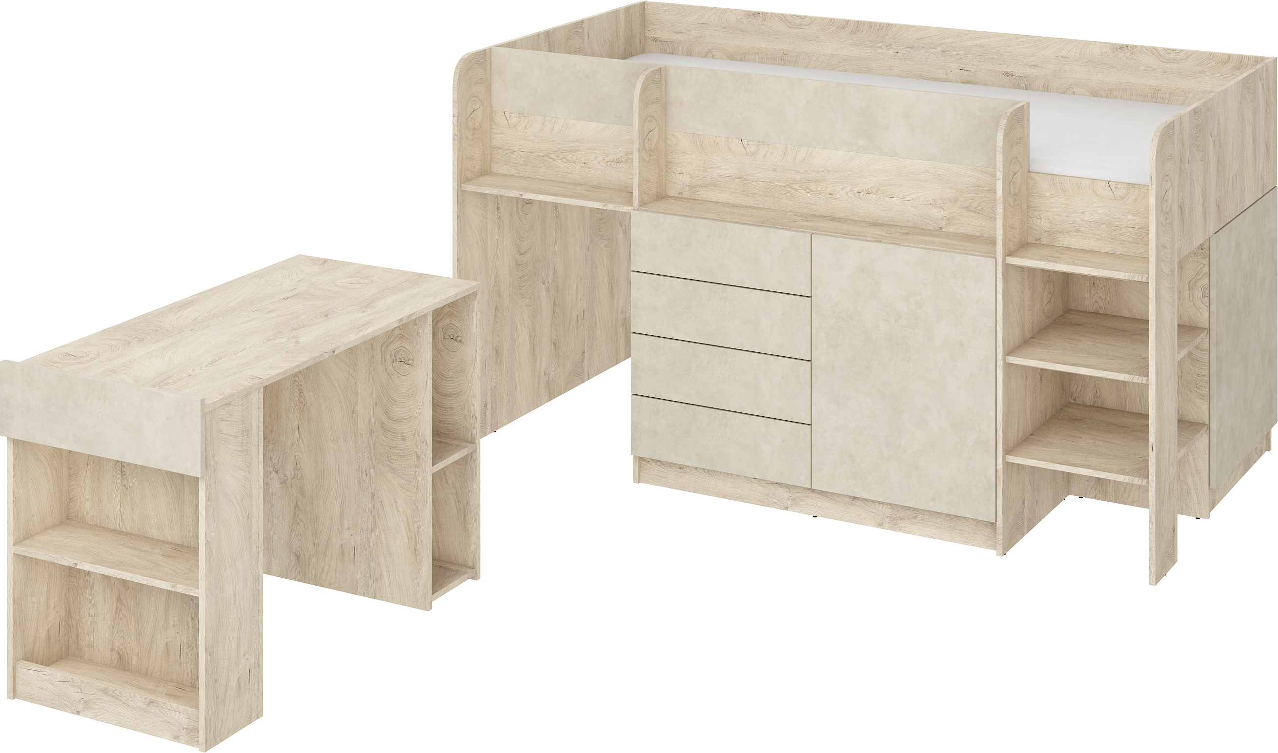 Etagenbett SMI-P mit Treppe rechts, Ausziehbarer Schreibtisch und kleiner Schrank