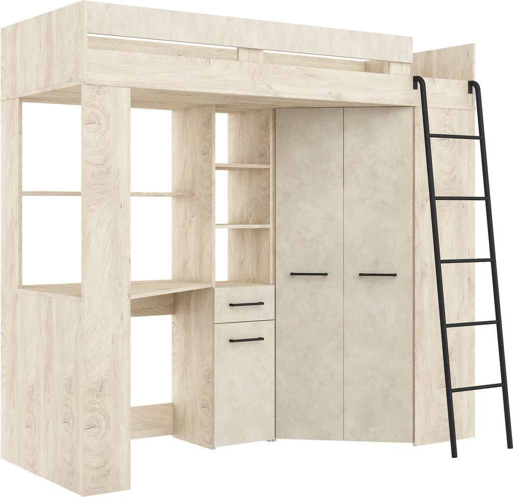 Etagenbett FLO-P mit Leiter Rechts, Eckkleiderschrank und Schreibtisch
