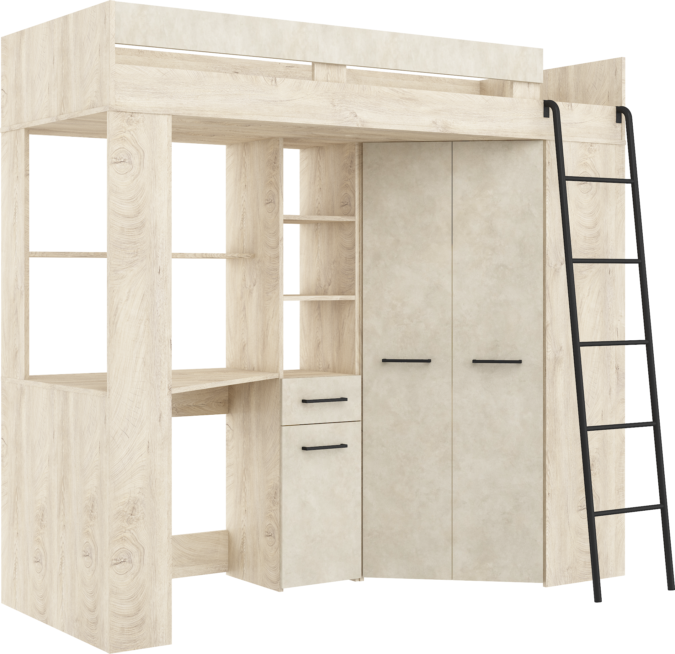 Etagenbett FLO-P mit Leiter Rechts, Eckkleiderschrank und Schreibtisch