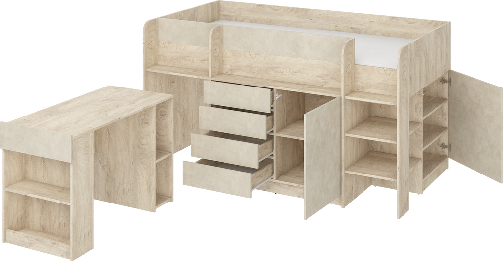 Etagenbett SMI-P mit Treppe rechts, Ausziehbarer Schreibtisch und kleiner Schrank