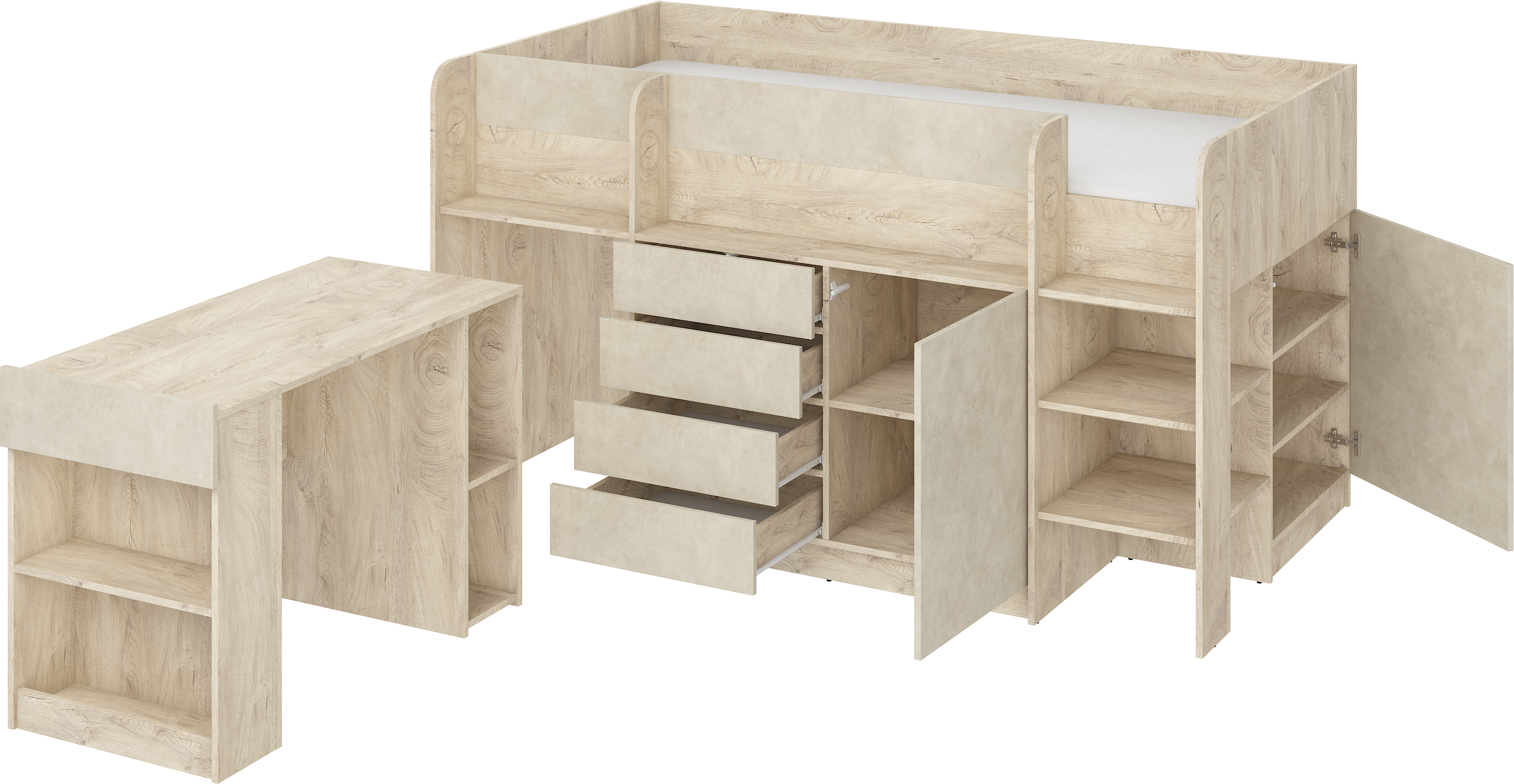 Etagenbett SMI-P mit Treppe rechts, Ausziehbarer Schreibtisch und kleiner Schrank