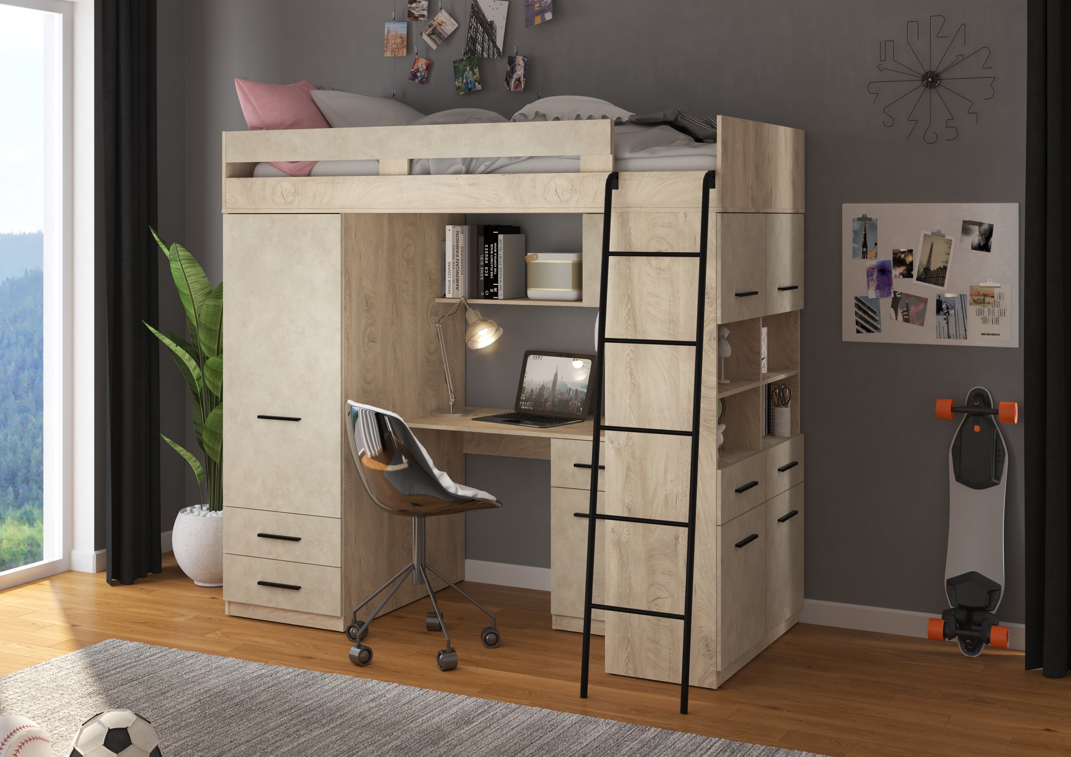 Etagenbett LEV-P mit Leiter rechts, Kleiderschrank, Schreibtisch und viele Regale