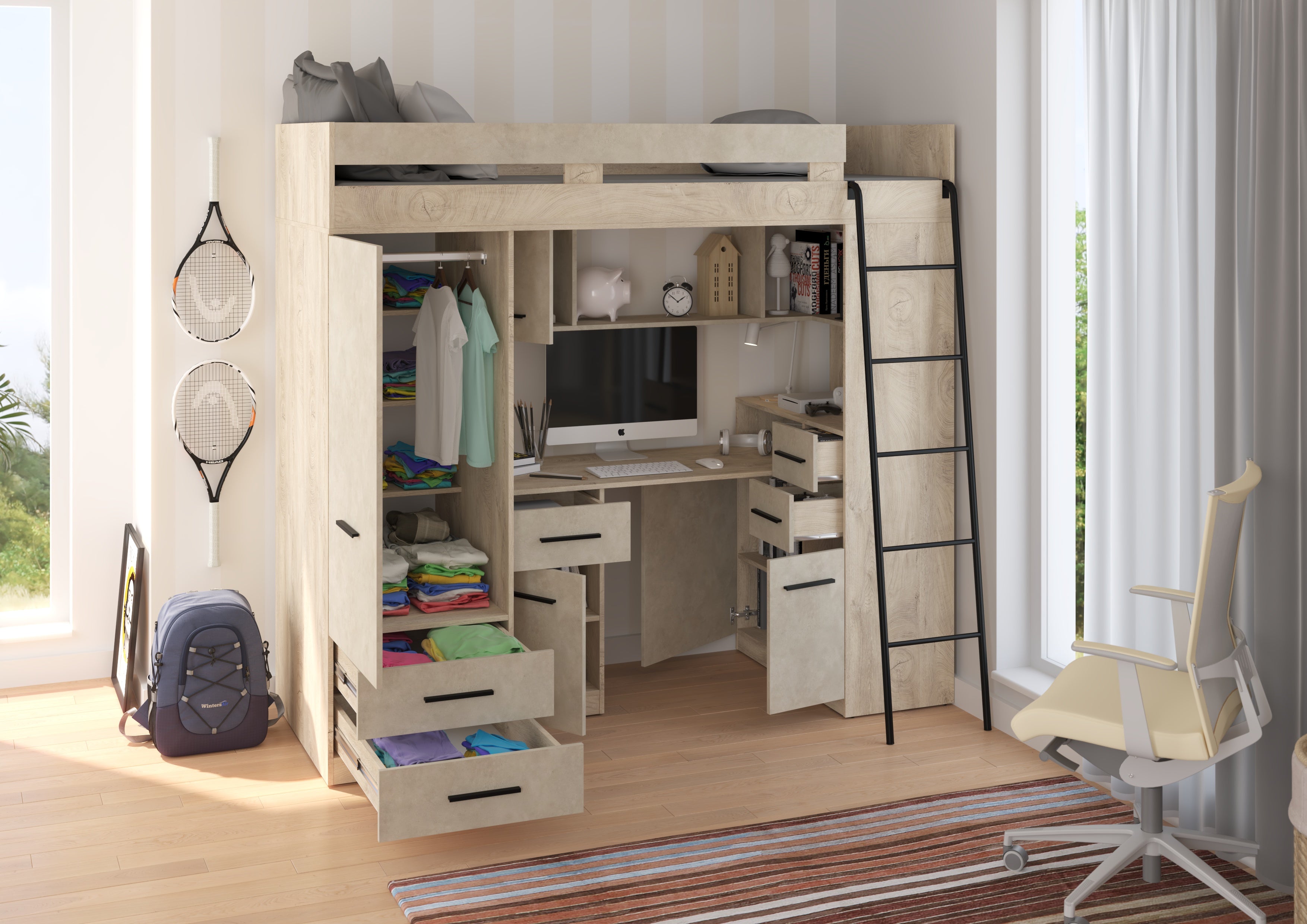 Etagenbett SMY-P mit Leiter rechts, Kleiderschrank, Schreibtisch und viele Regale
