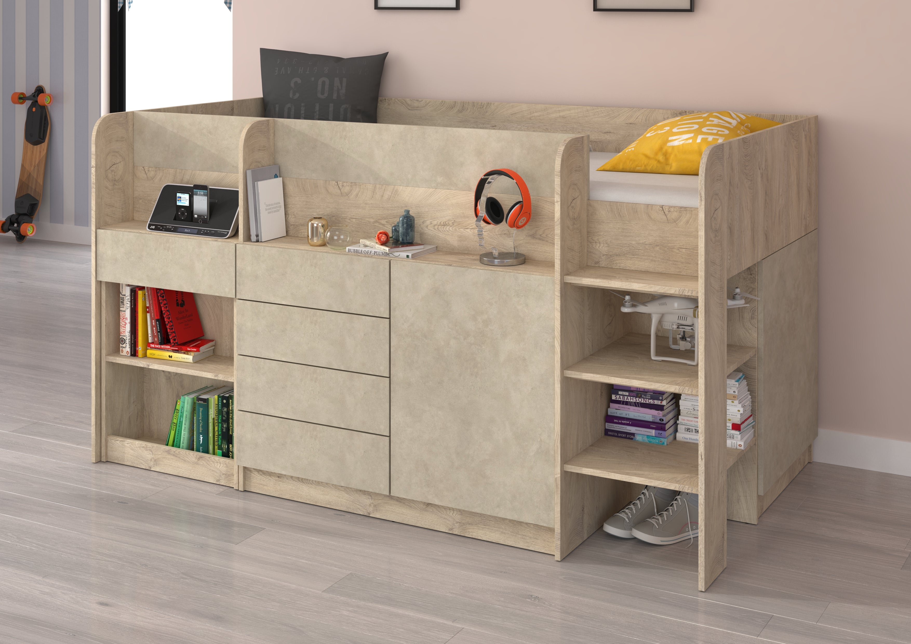 Etagenbett SMI-P mit Treppe rechts, Ausziehbarer Schreibtisch und kleiner Schrank