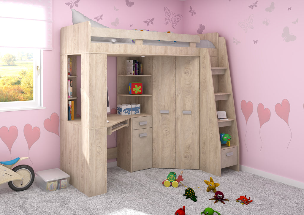 Etagenbett ANT-P mit funktionaler Treppe Rechts, Eckkleiderschrank und Schreibtisch