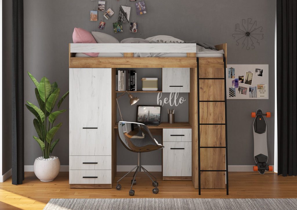 Etagenbett LEV-P mit Leiter rechts, Kleiderschrank, Schreibtisch und viele Regale