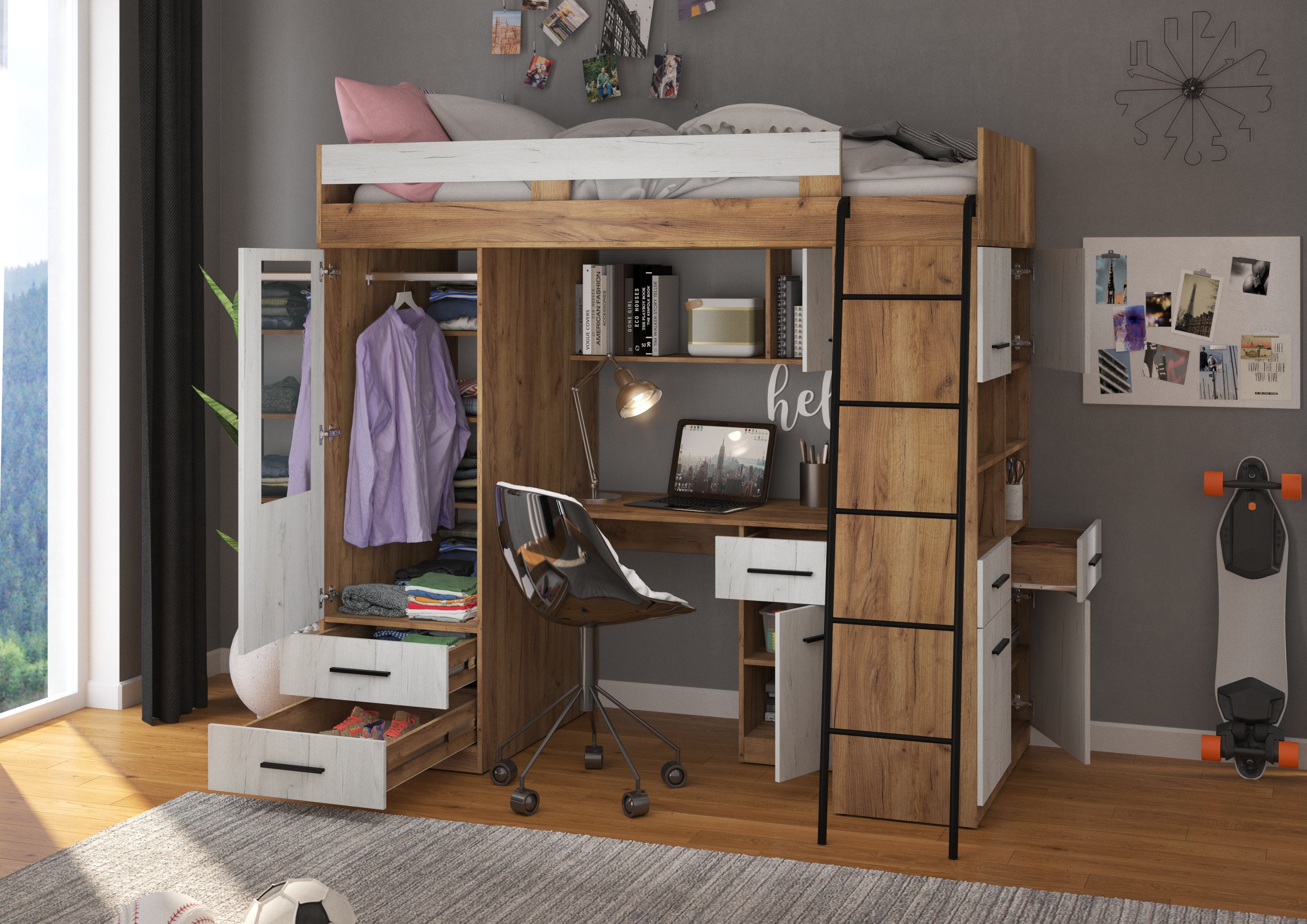 Etagenbett LEV-P mit Leiter rechts, Kleiderschrank, Schreibtisch und viele Regale