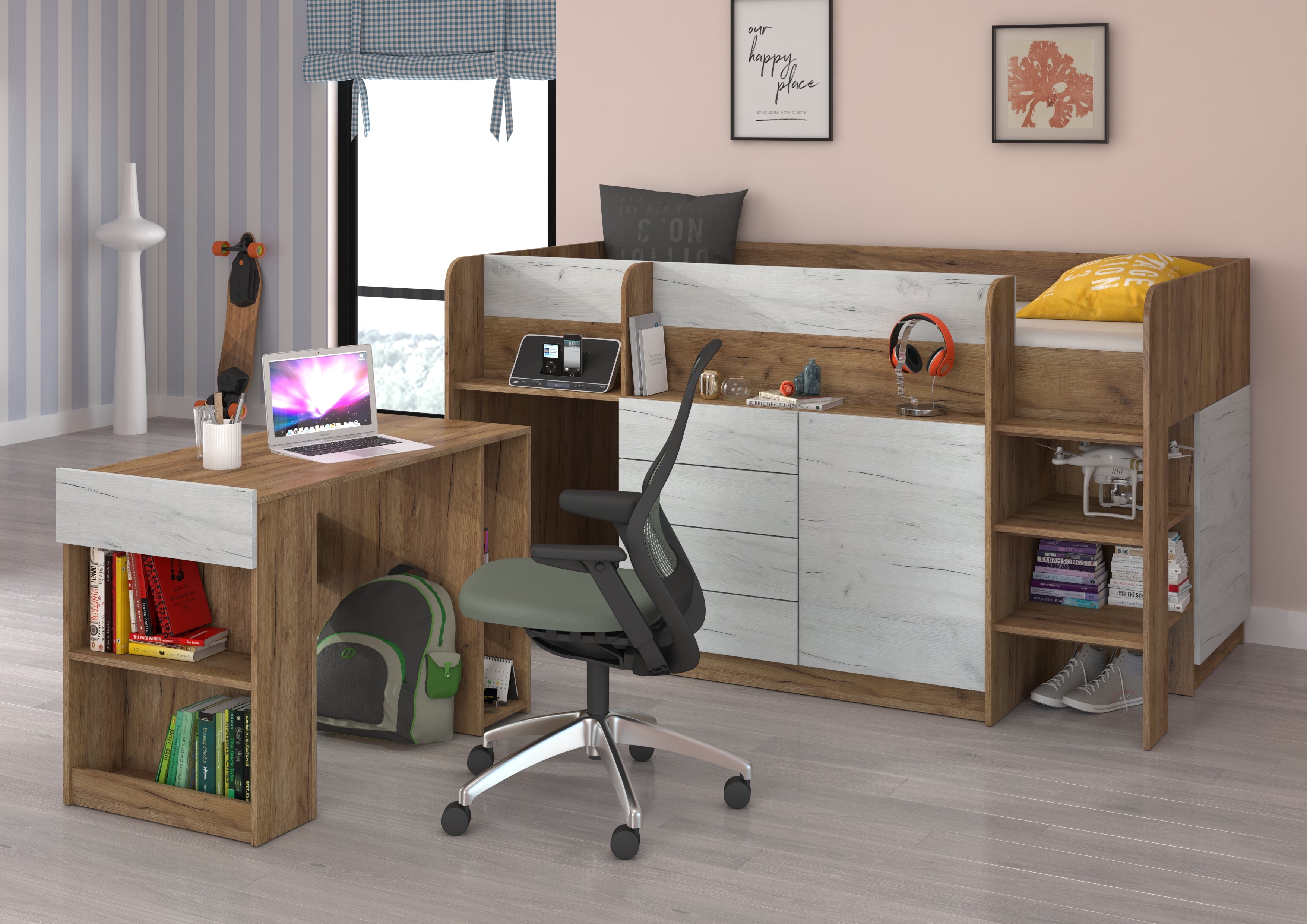 Etagenbett SMI-P mit Treppe rechts, Ausziehbarer Schreibtisch und kleiner Schrank