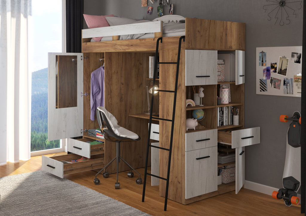 Etagenbett LEV-P mit Leiter rechts, Kleiderschrank, Schreibtisch und viele Regale