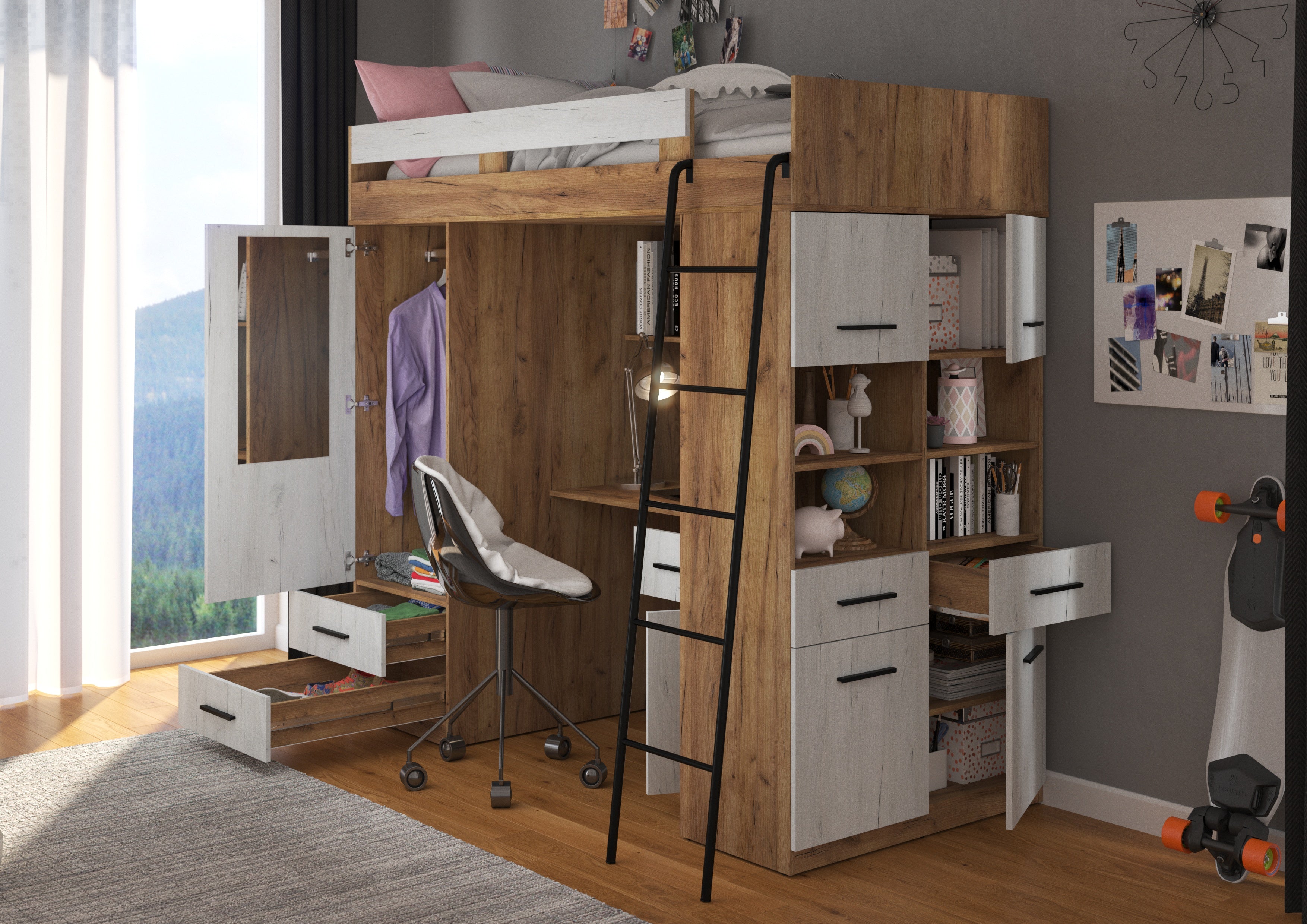 Etagenbett LEV-P mit Leiter rechts, Kleiderschrank, Schreibtisch und viele Regale