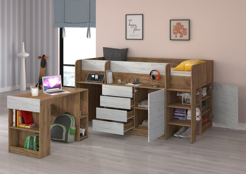 Etagenbett SMI-P mit Treppe rechts, Ausziehbarer Schreibtisch und kleiner Schrank