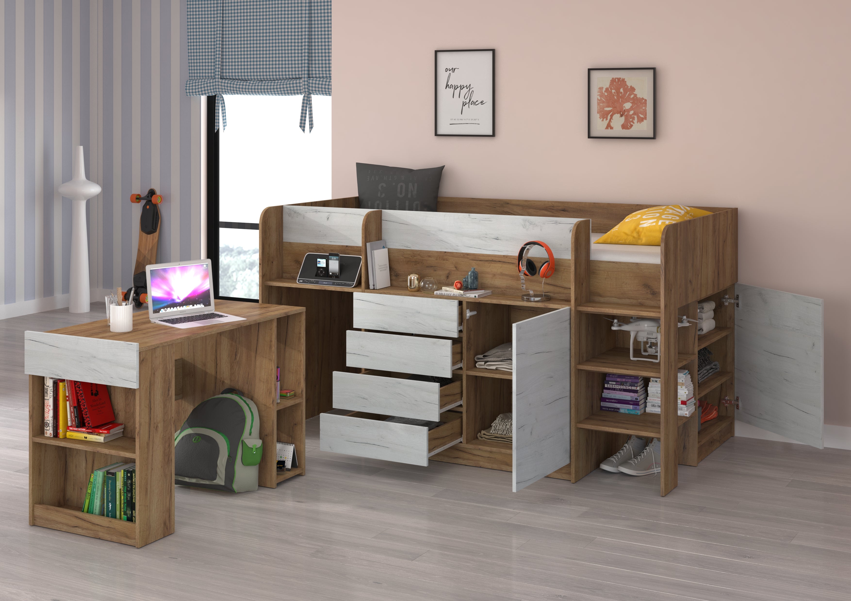Etagenbett SMI-P mit Treppe rechts, Ausziehbarer Schreibtisch und kleiner Schrank
