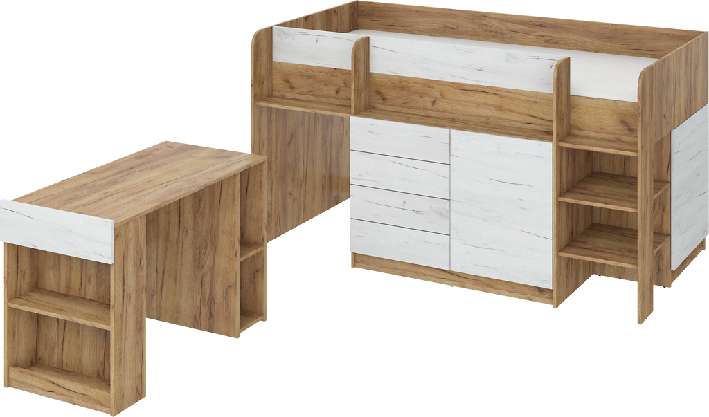 Etagenbett SMI-P mit Treppe rechts, Ausziehbarer Schreibtisch und kleiner Schrank