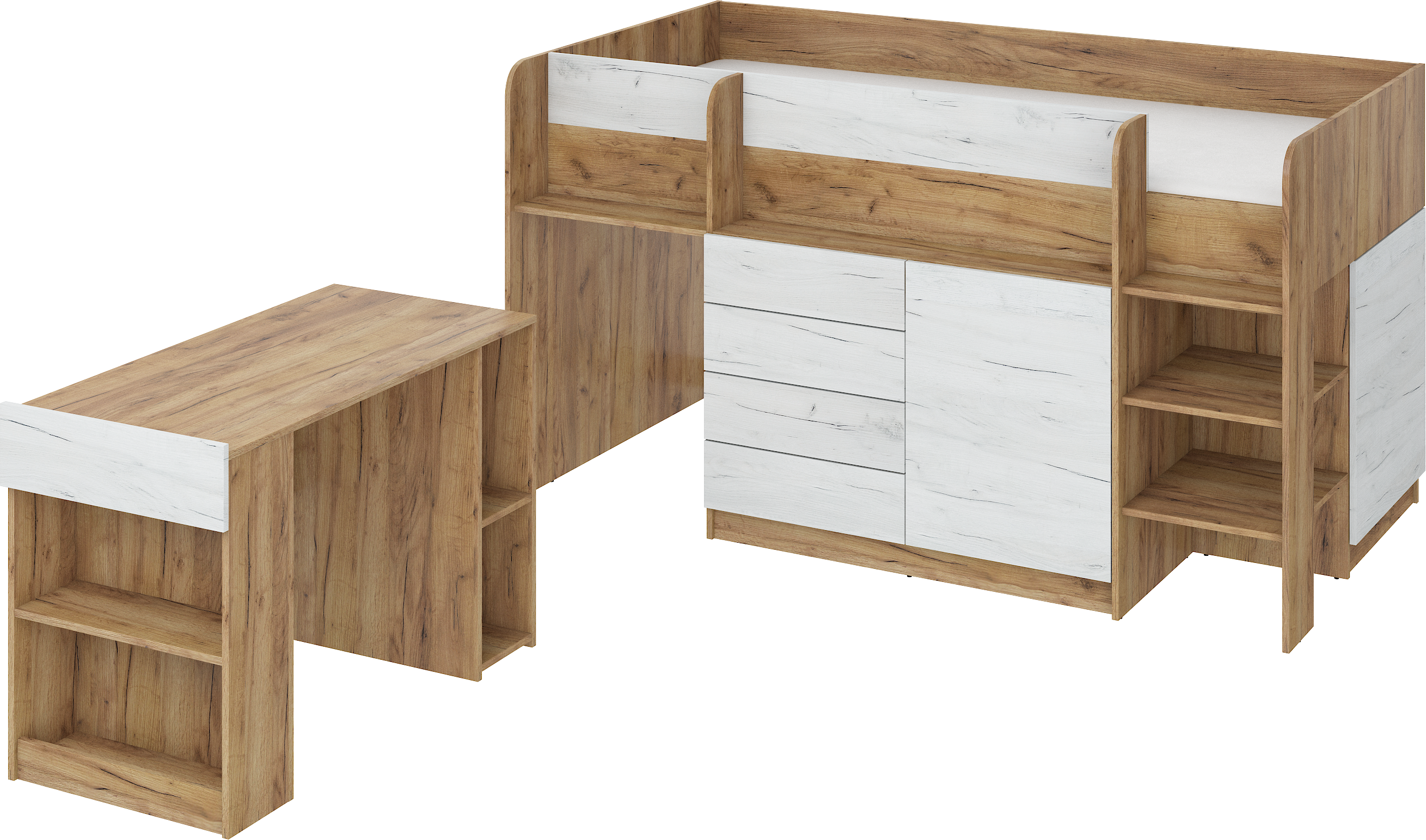 Etagenbett SMI-P mit Treppe rechts, Ausziehbarer Schreibtisch und kleiner Schrank