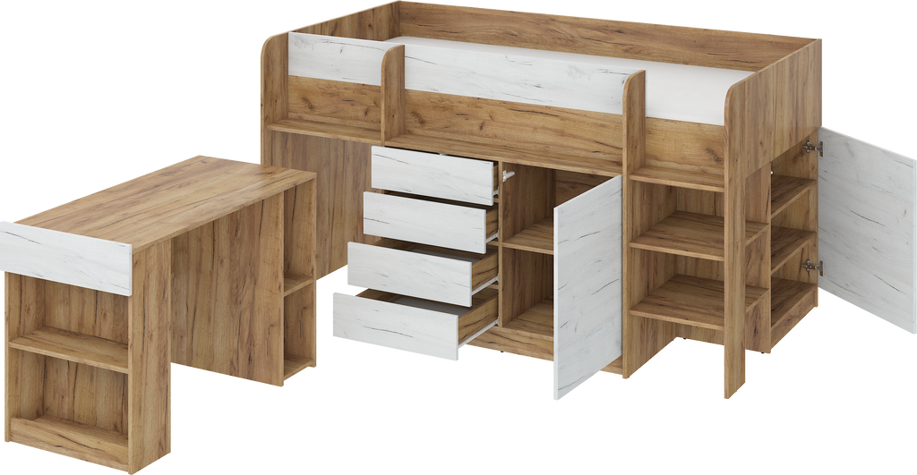 Etagenbett SMI-P mit Treppe rechts, Ausziehbarer Schreibtisch und kleiner Schrank