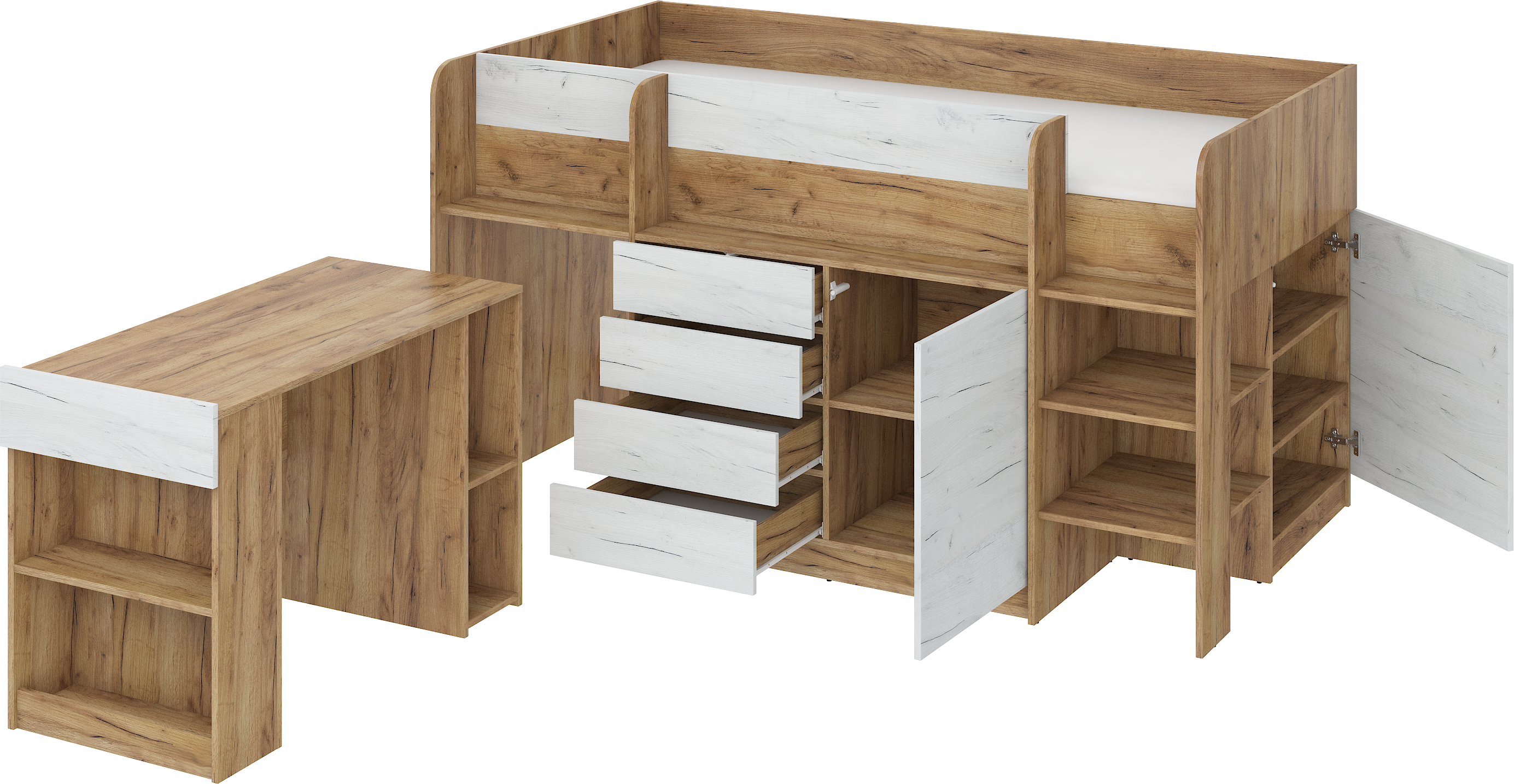Etagenbett SMI-P mit Treppe rechts, Ausziehbarer Schreibtisch und kleiner Schrank