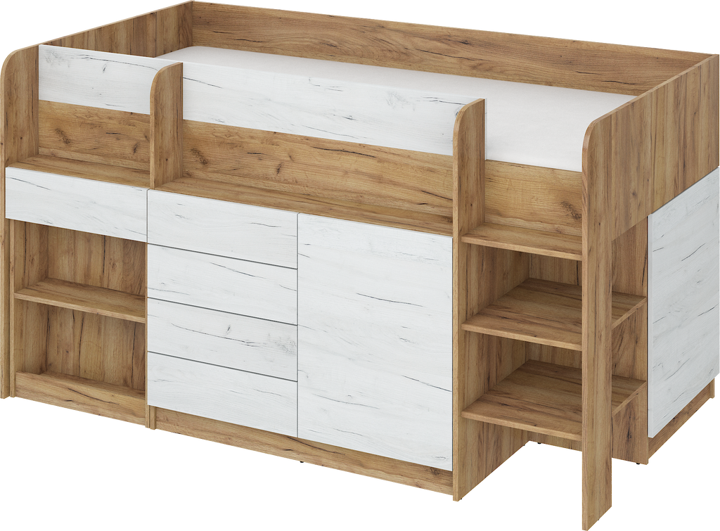 Etagenbett SMI-P mit Treppe rechts, Ausziehbarer Schreibtisch und kleiner Schrank