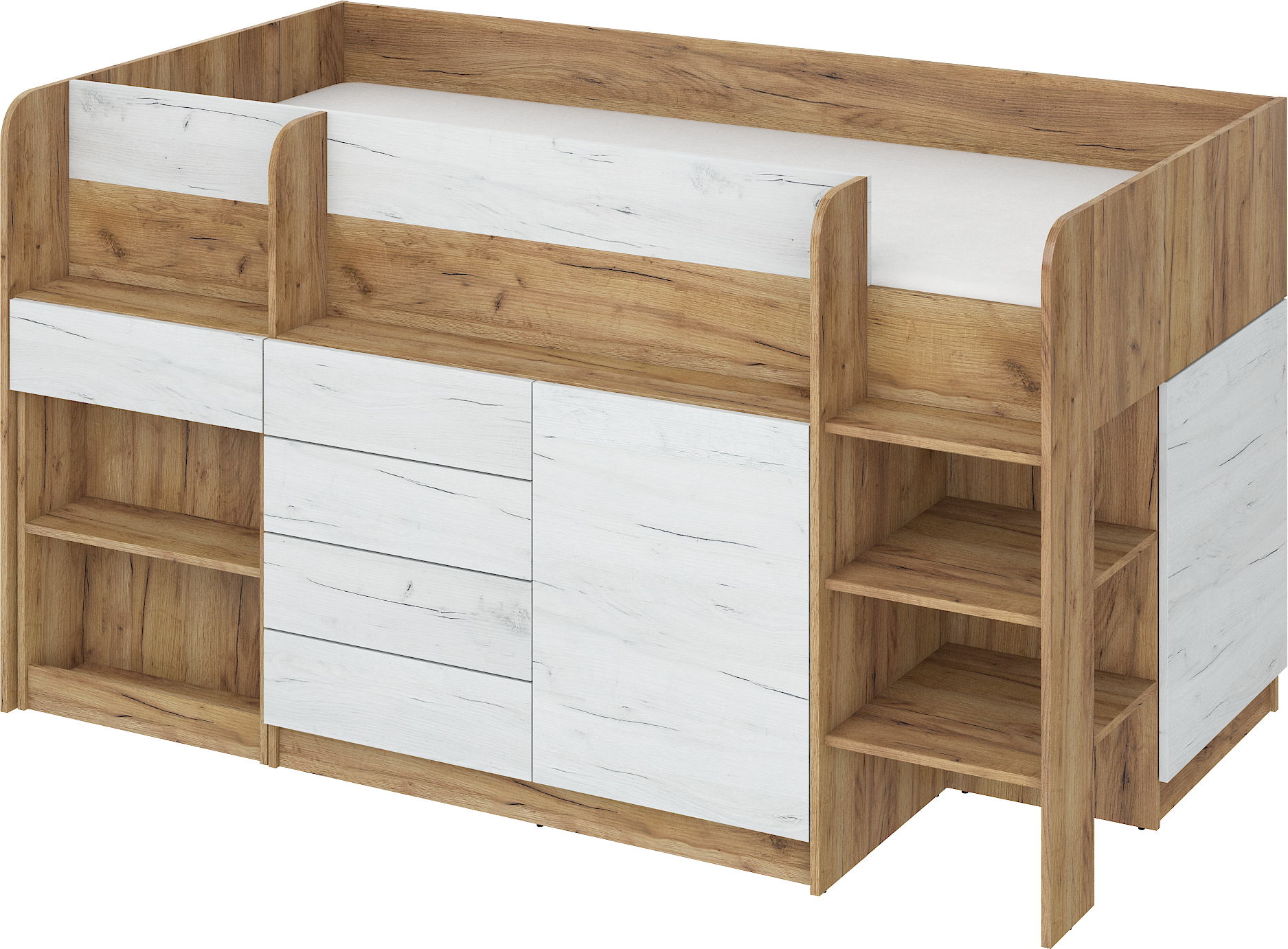 Etagenbett SMI-P mit Treppe rechts, Ausziehbarer Schreibtisch und kleiner Schrank
