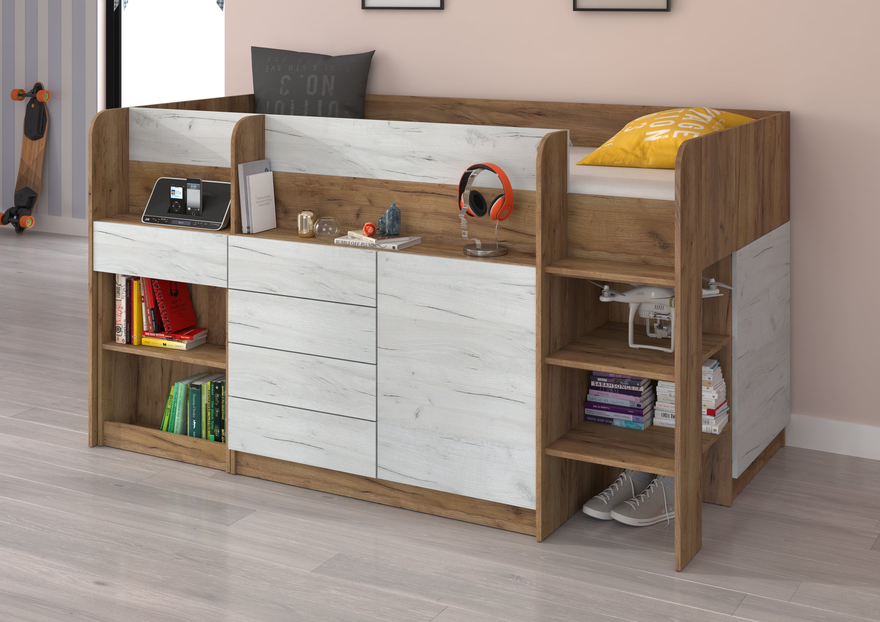 Etagenbett SMI-P mit Treppe rechts, Ausziehbarer Schreibtisch und kleiner Schrank