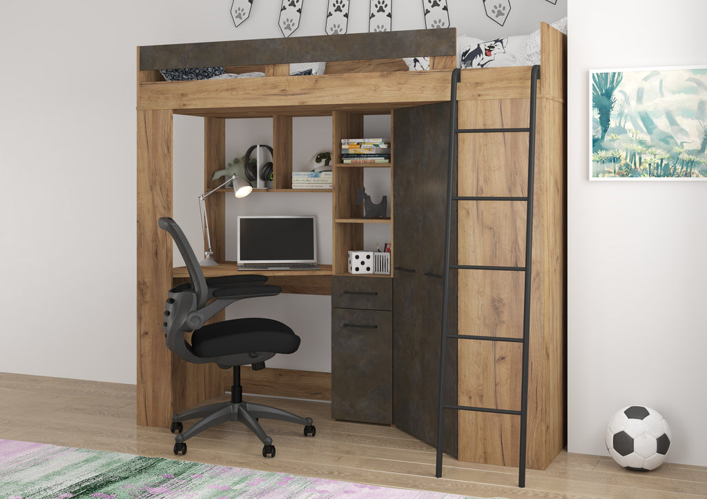 Etagenbett FLO-P mit Leiter Rechts, Eckkleiderschrank und Schreibtisch