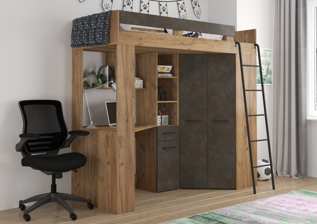 Etagenbett FLO-P mit Leiter Rechts, Eckkleiderschrank und Schreibtisch