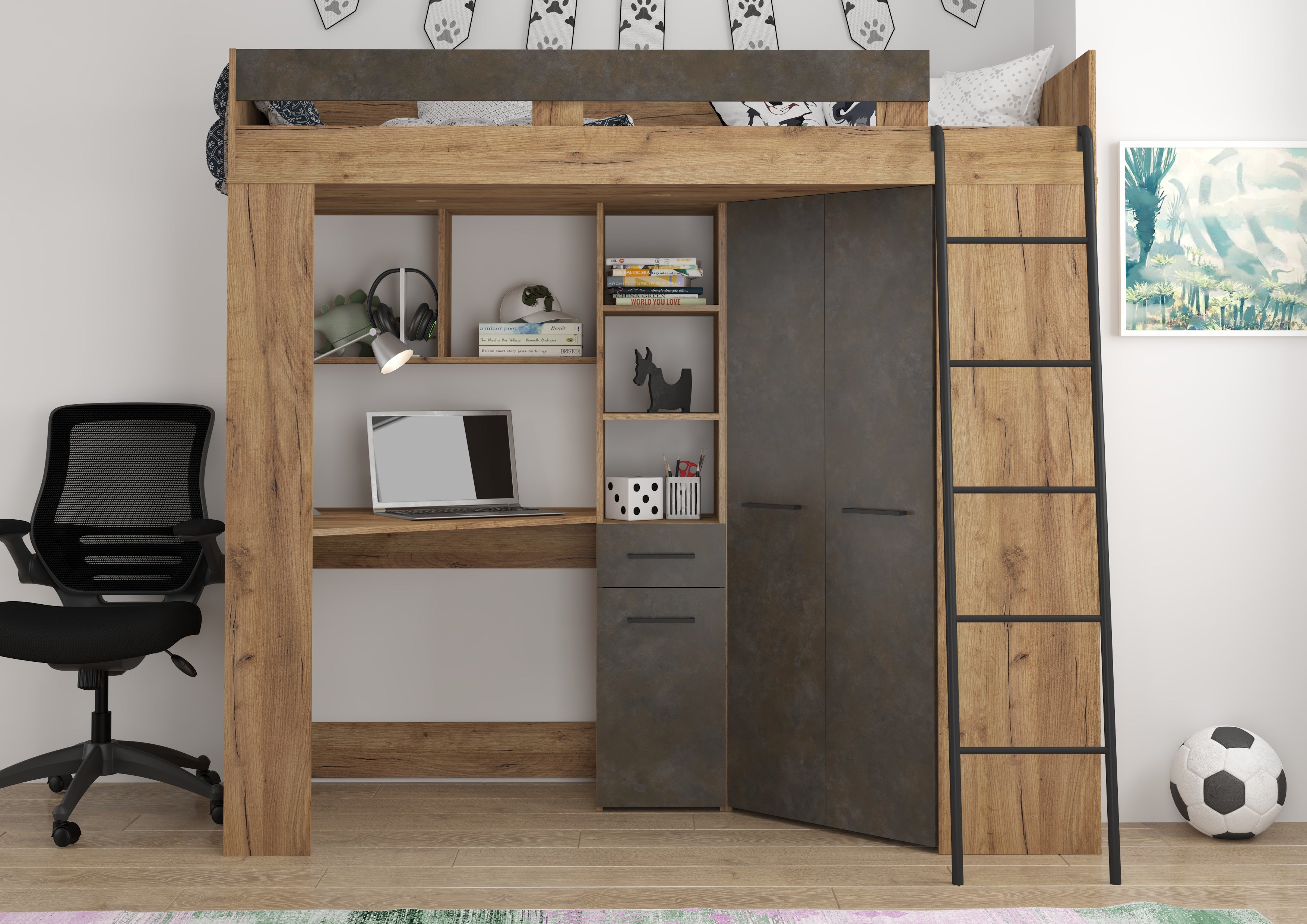 Etagenbett FLO-P mit Leiter Rechts, Eckkleiderschrank und Schreibtisch