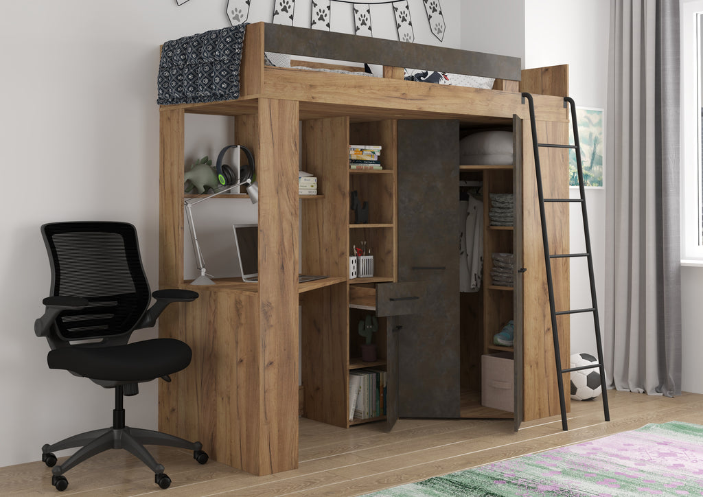 Etagenbett FLO-P mit Leiter Rechts, Eckkleiderschrank und Schreibtisch