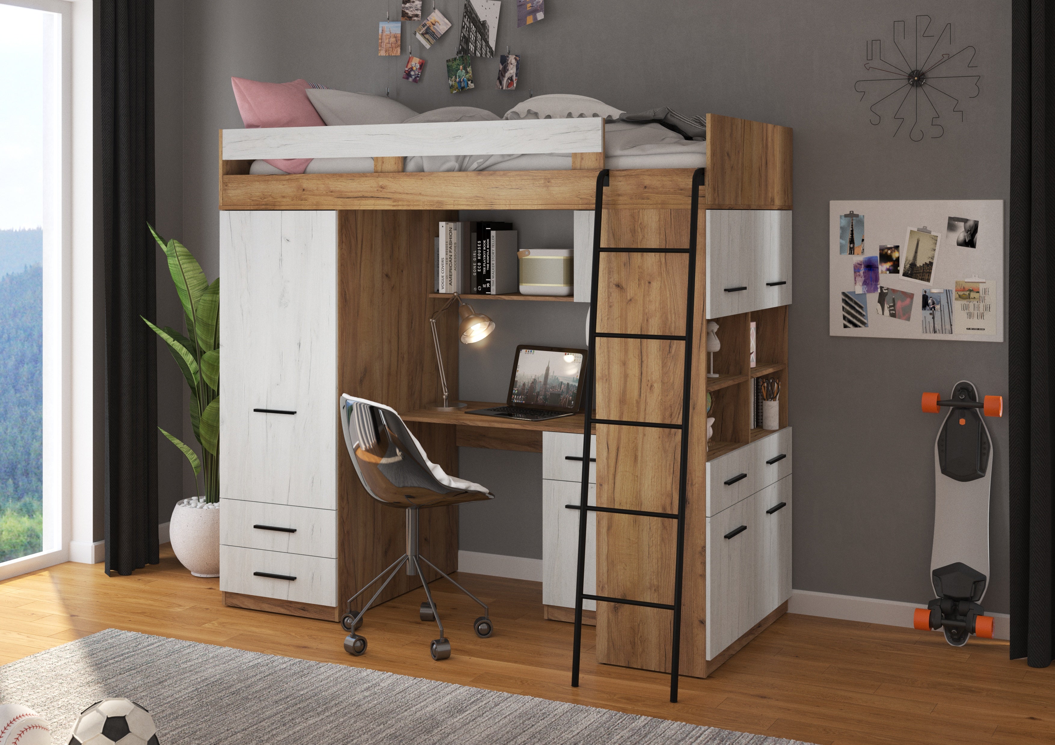 Etagenbett LEV-P mit Leiter rechts, Kleiderschrank, Schreibtisch und viele Regale