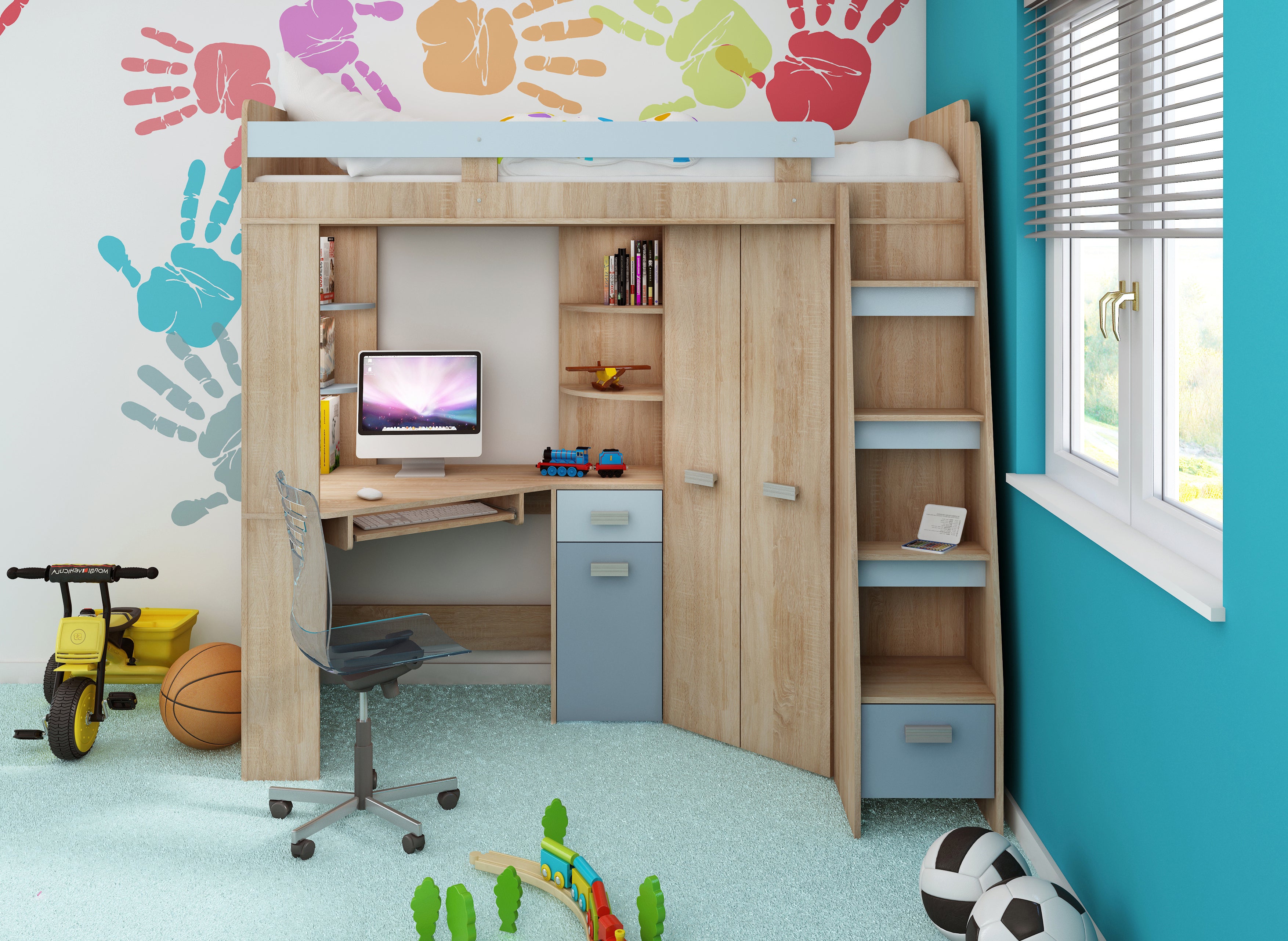 Etagenbett ANT-P mit funktionaler Treppe Rechts, Eckkleiderschrank und Schreibtisch