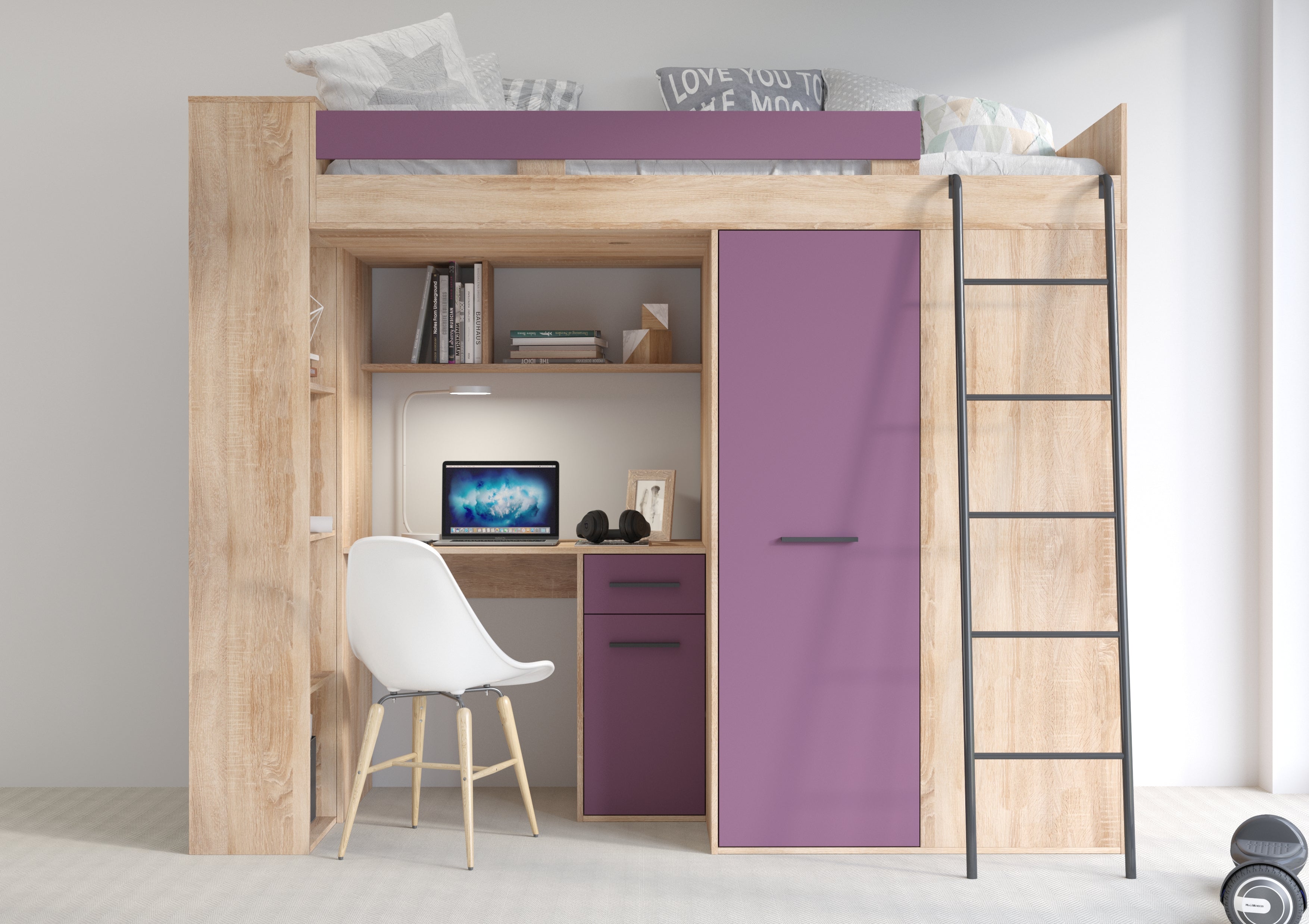 Etagenbett VER-P mit Leiter recht, Kleiderschrank, Schreibtisch und viele Regale