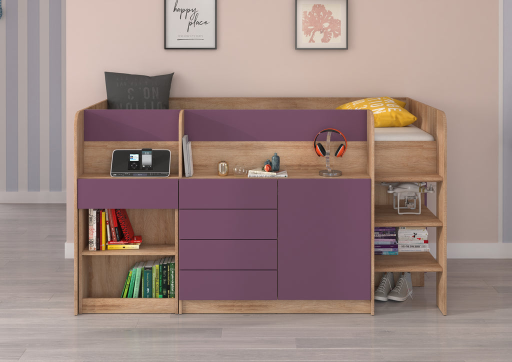 Etagenbett SMI-P mit Treppe rechts, Ausziehbarer Schreibtisch und kleiner Schrank