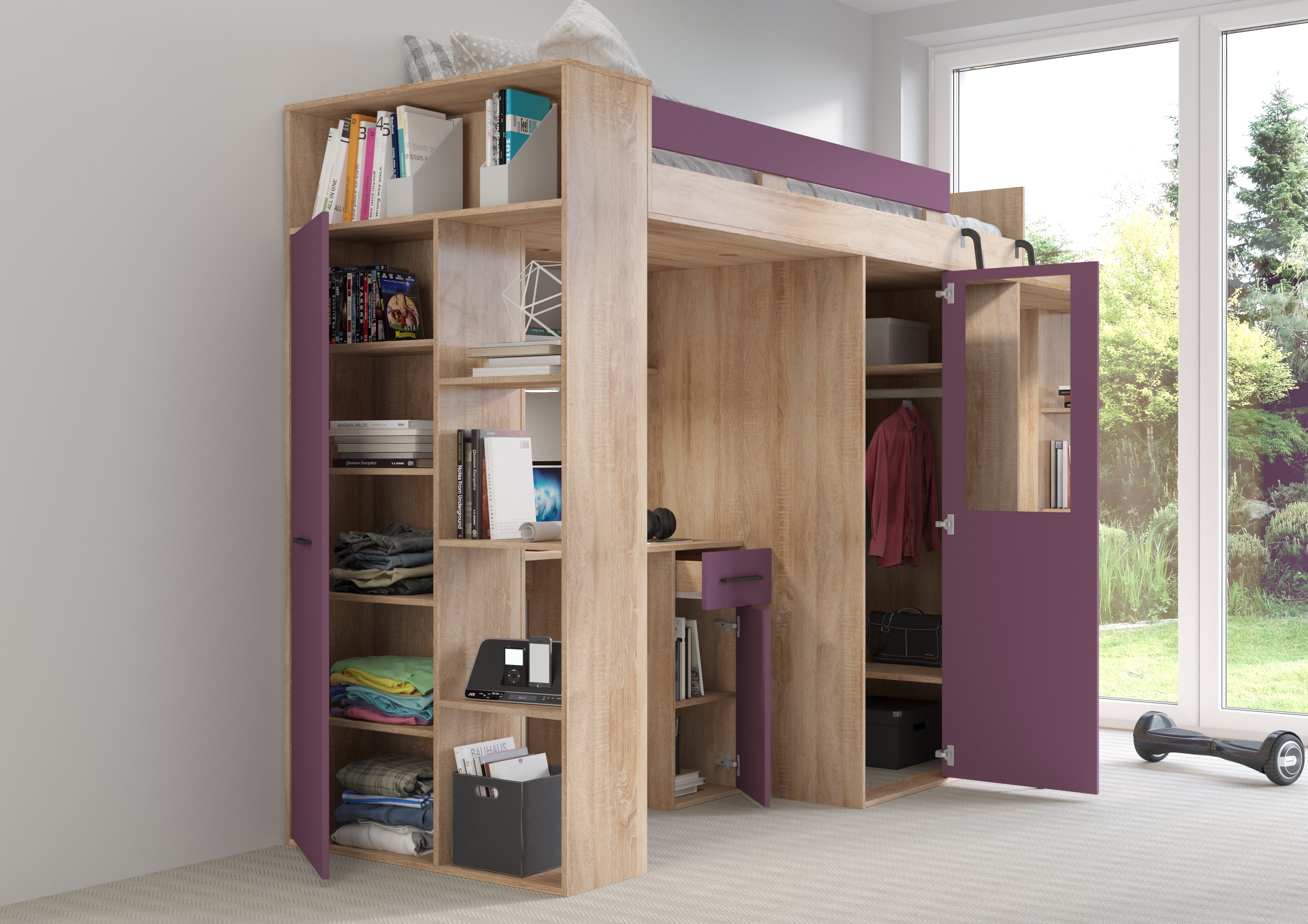 Etagenbett VER-P mit Leiter recht, Kleiderschrank, Schreibtisch und viele Regale