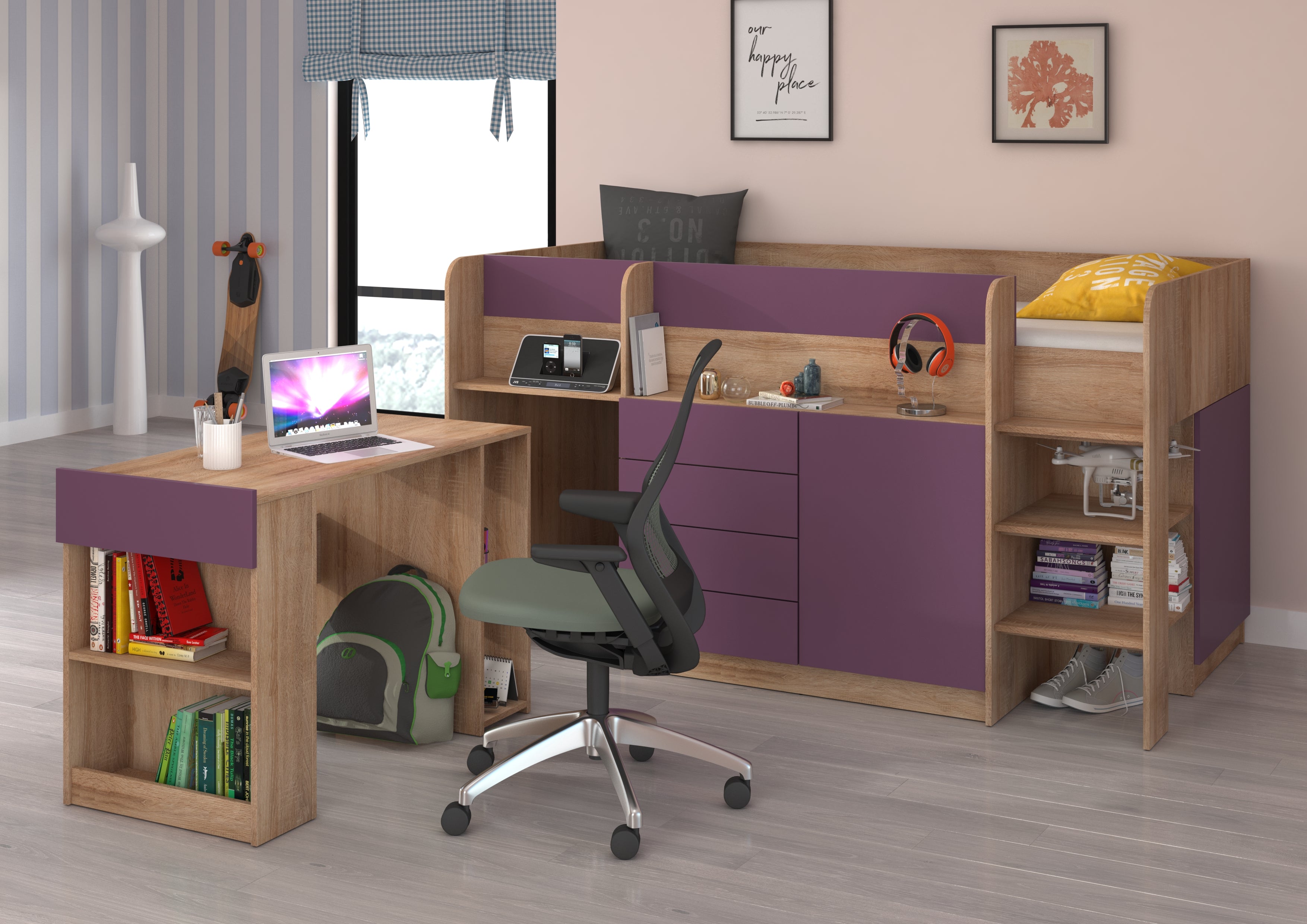 Etagenbett SMI-P mit Treppe rechts, Ausziehbarer Schreibtisch und kleiner Schrank