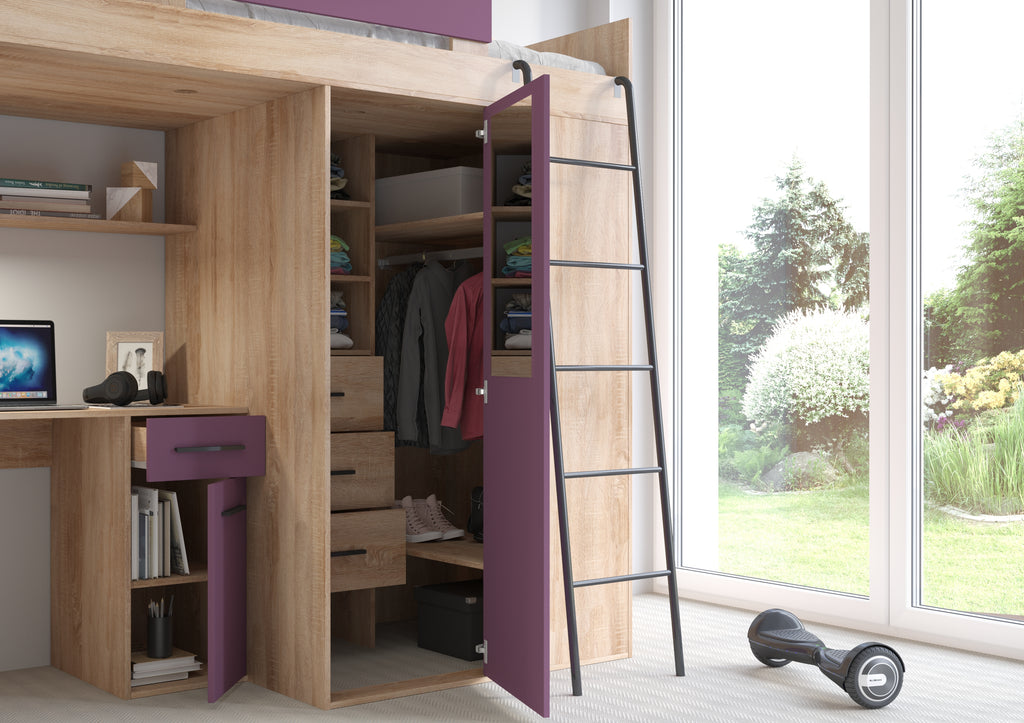 Etagenbett VER-P mit Leiter recht, Kleiderschrank, Schreibtisch und viele Regale