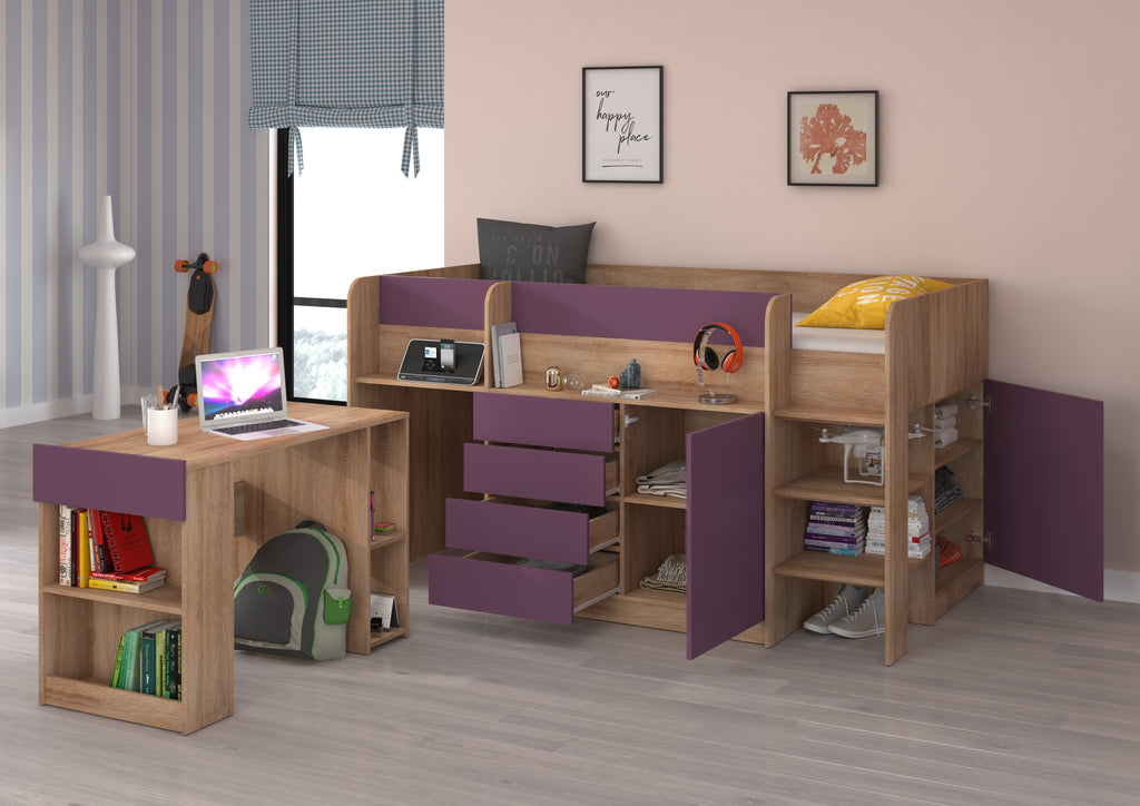 Etagenbett SMI-P mit Treppe rechts, Ausziehbarer Schreibtisch und kleiner Schrank