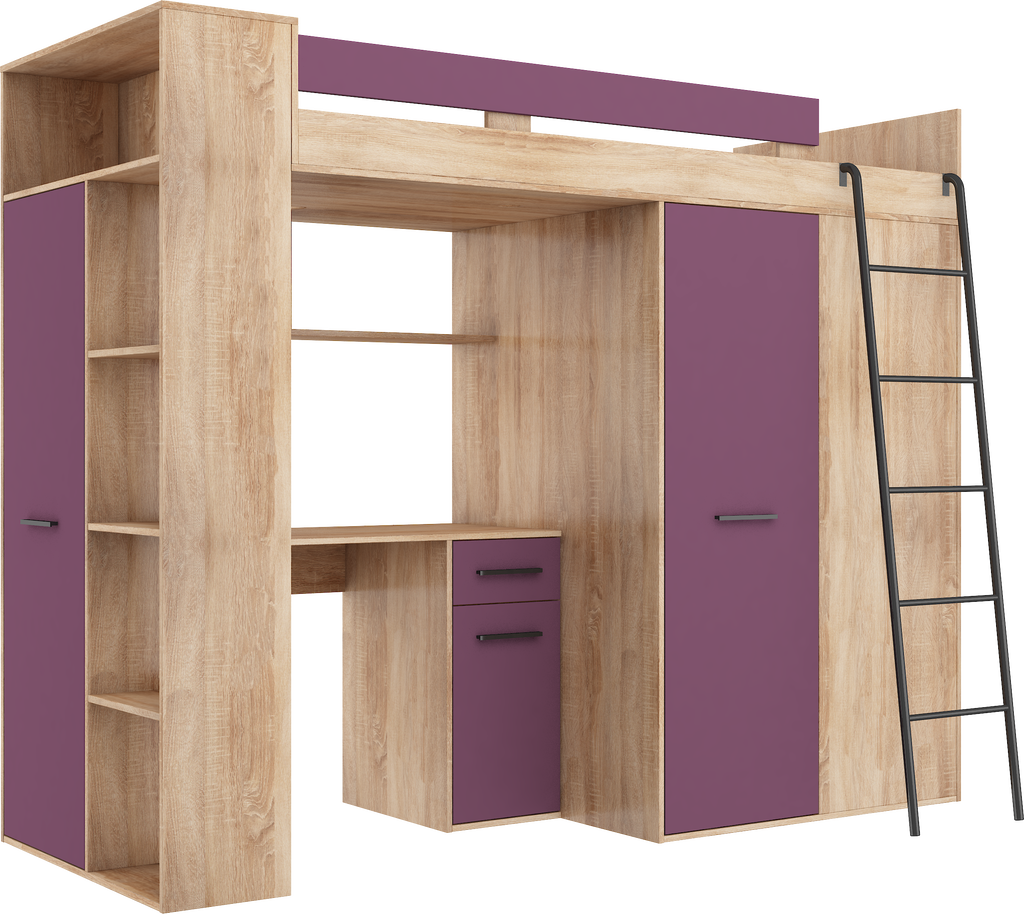Etagenbett VER-P mit Leiter recht, Kleiderschrank, Schreibtisch und viele Regale