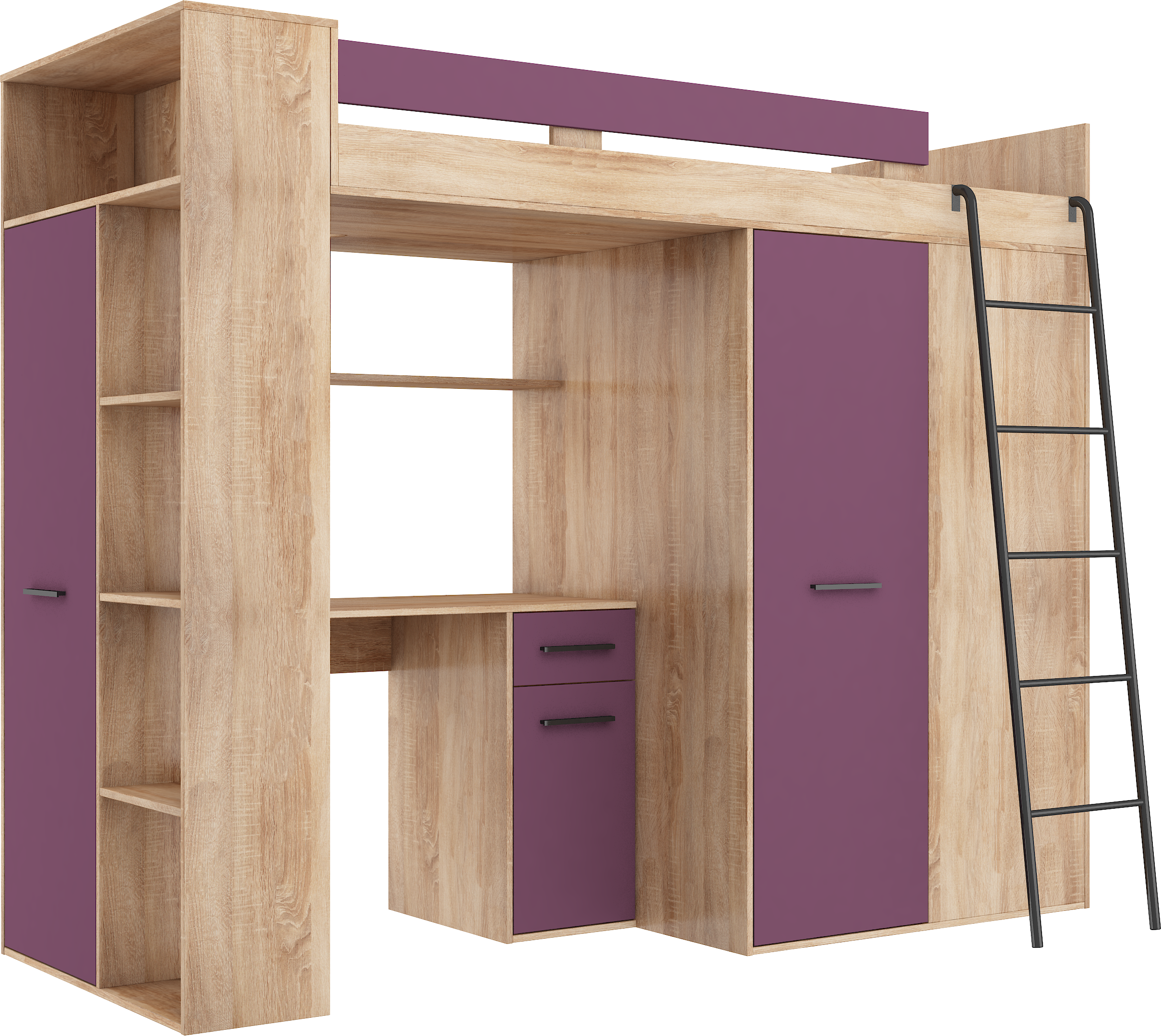 Etagenbett VER-P mit Leiter recht, Kleiderschrank, Schreibtisch und viele Regale