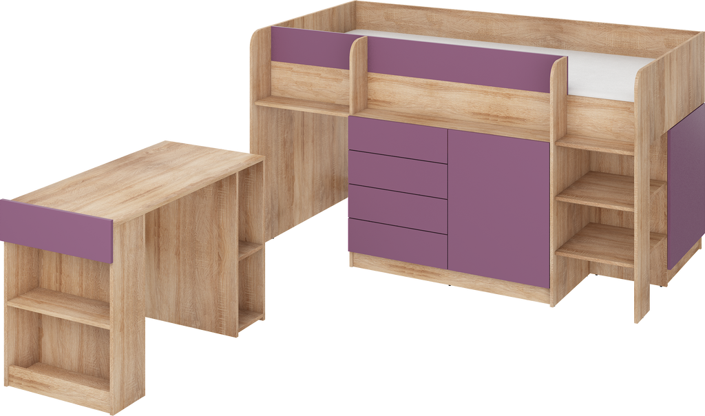 Etagenbett SMI-P mit Treppe rechts, Ausziehbarer Schreibtisch und kleiner Schrank