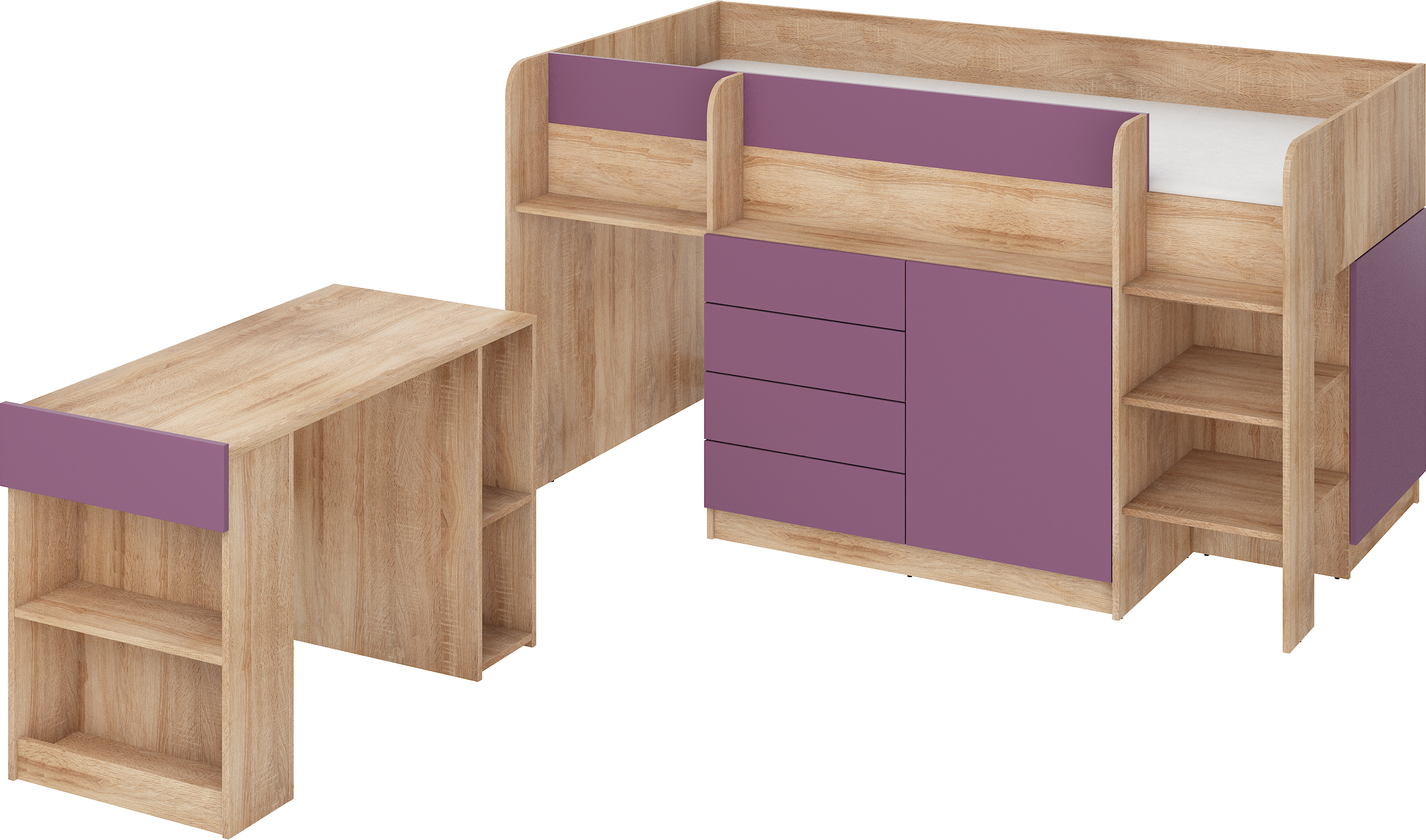 Etagenbett SMI-P mit Treppe rechts, Ausziehbarer Schreibtisch und kleiner Schrank