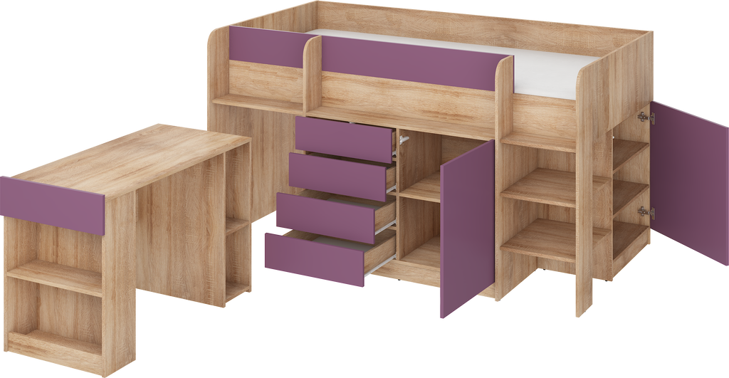 Etagenbett SMI-P mit Treppe rechts, Ausziehbarer Schreibtisch und kleiner Schrank