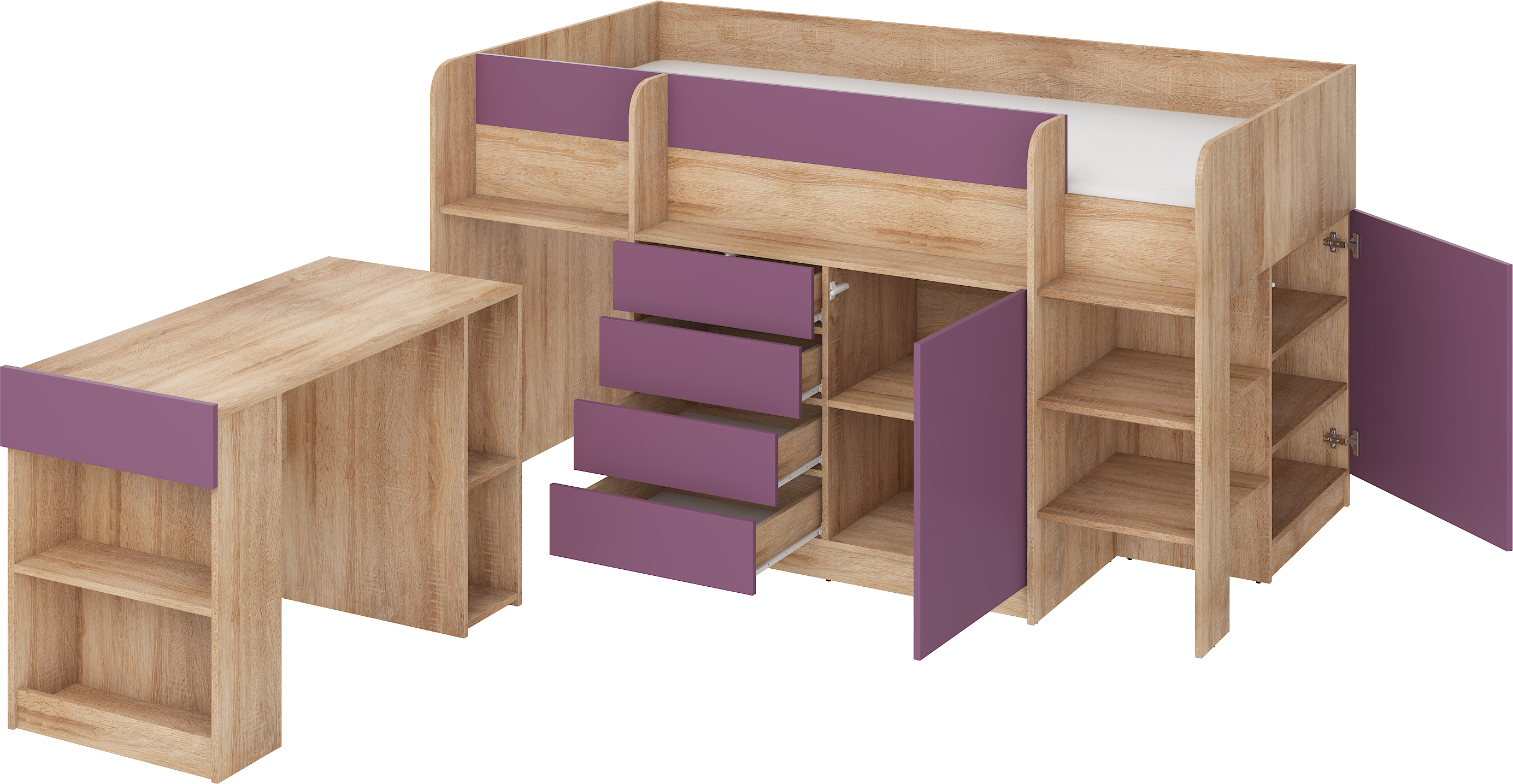 Etagenbett SMI-P mit Treppe rechts, Ausziehbarer Schreibtisch und kleiner Schrank