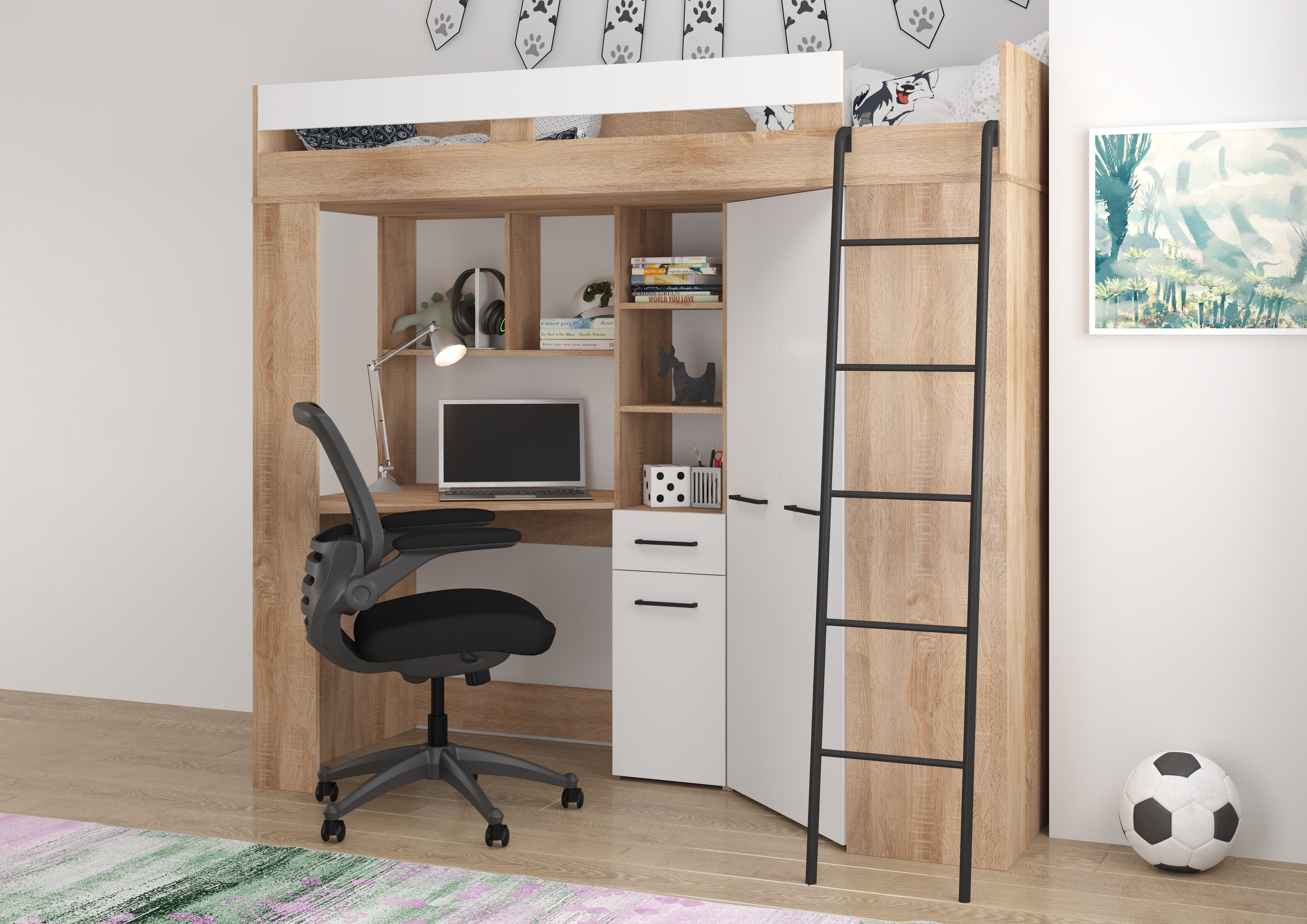 Etagenbett FLO-P mit Leiter Rechts, Eckkleiderschrank und Schreibtisch