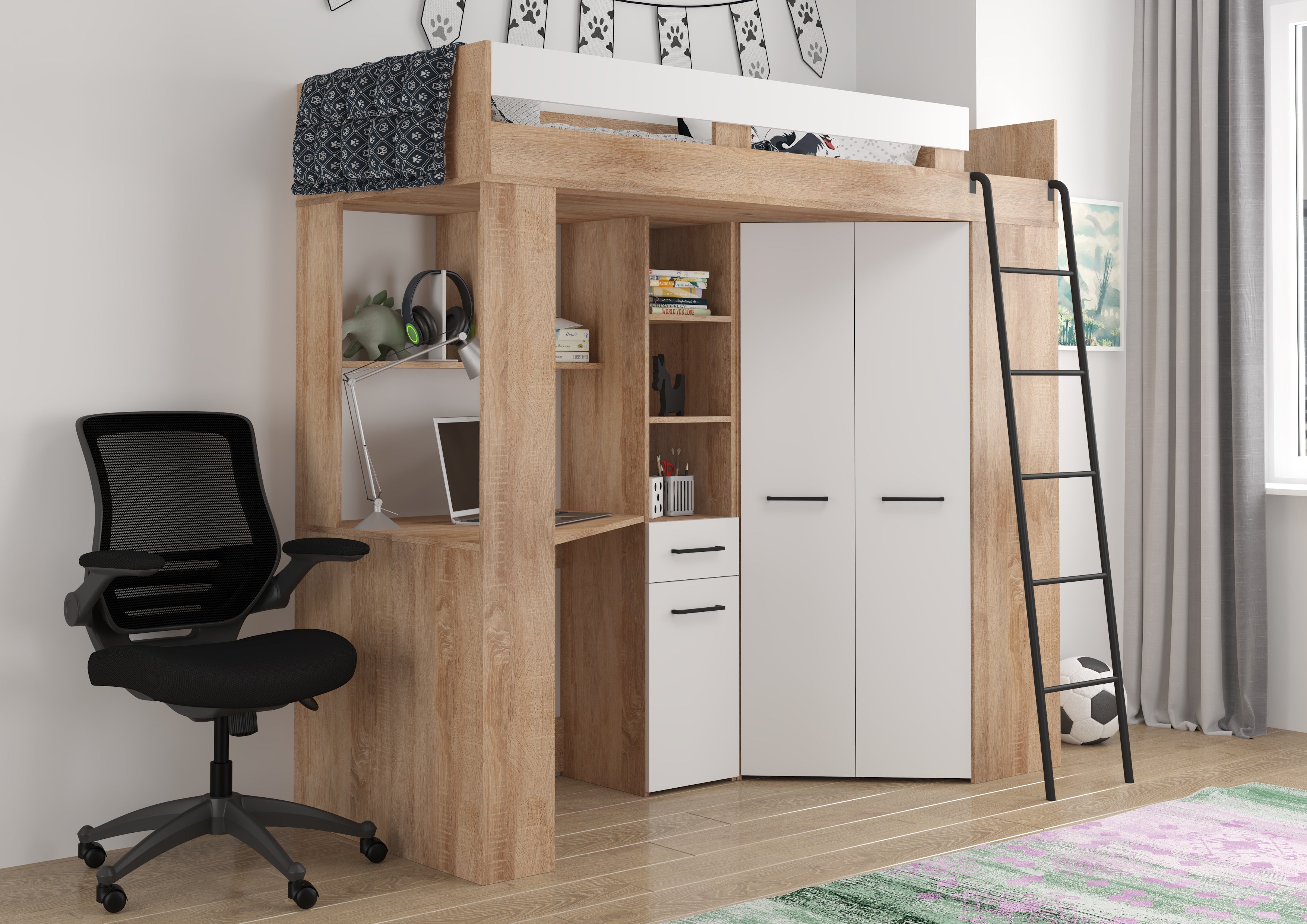 Etagenbett FLO-P mit Leiter Rechts, Eckkleiderschrank und Schreibtisch