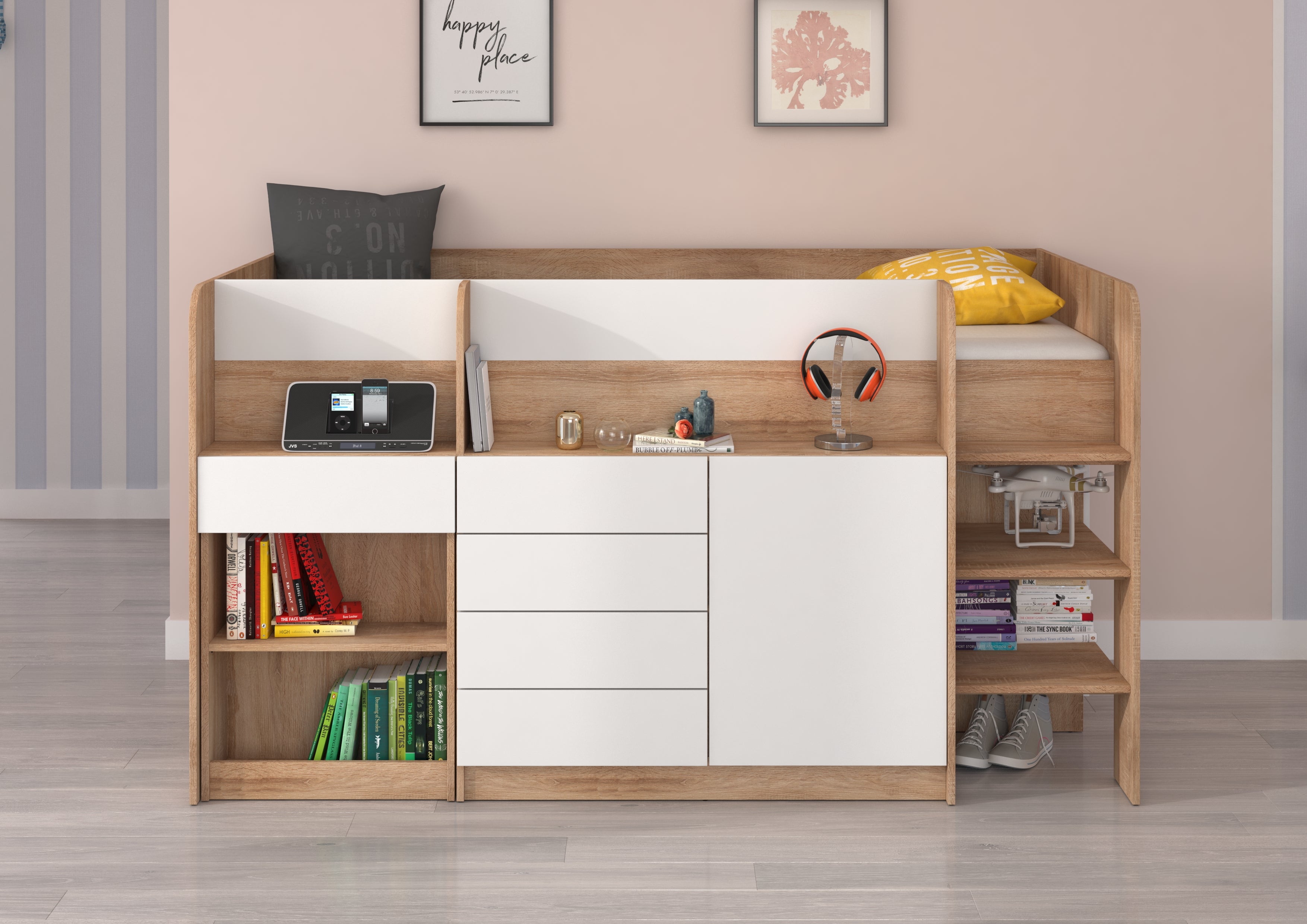 Etagenbett SMI-P mit Treppe rechts, Ausziehbarer Schreibtisch und kleiner Schrank